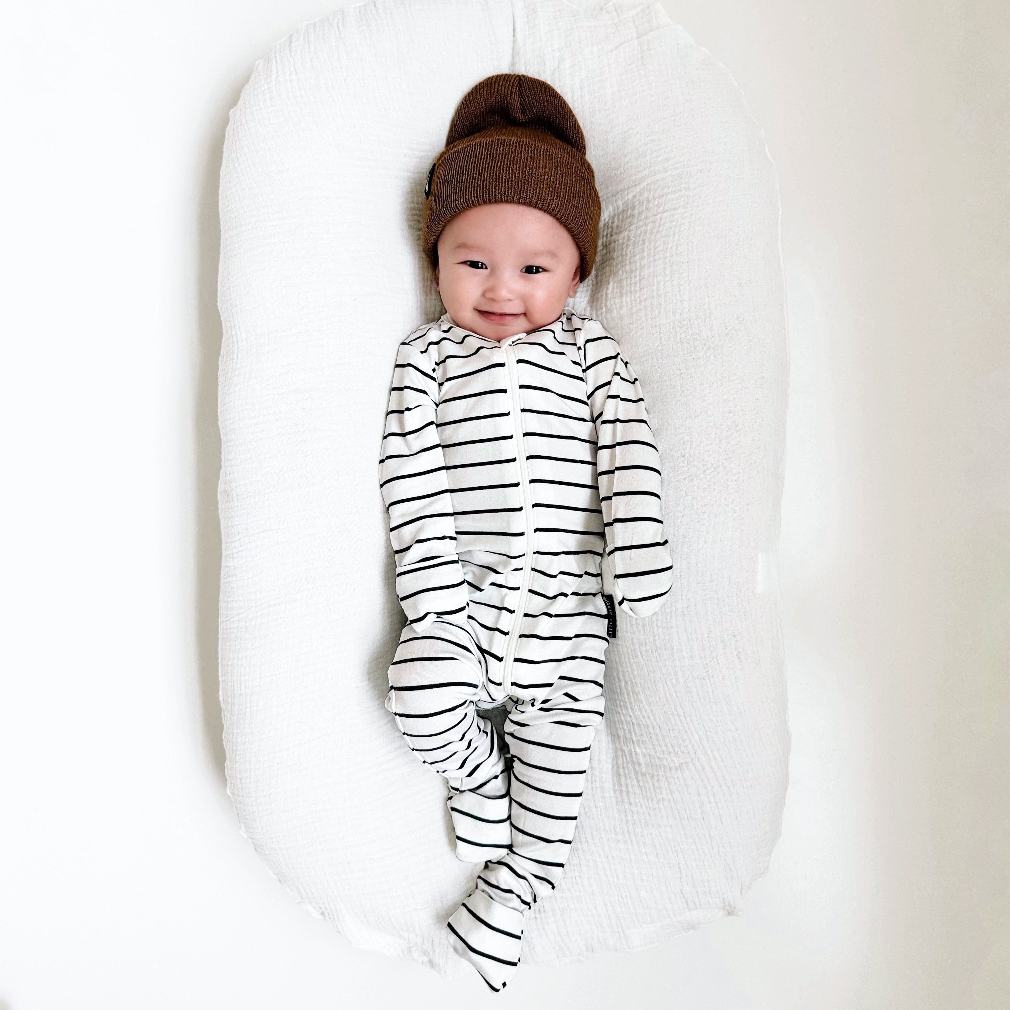 LB x Baby Breez Long Sleeve Pinstripe Romper Pajamas for Boys & Girls - Soft Cotton Sleepwear, White and Black Striped - Perfect for Bedtime, Lounging & Family Photos