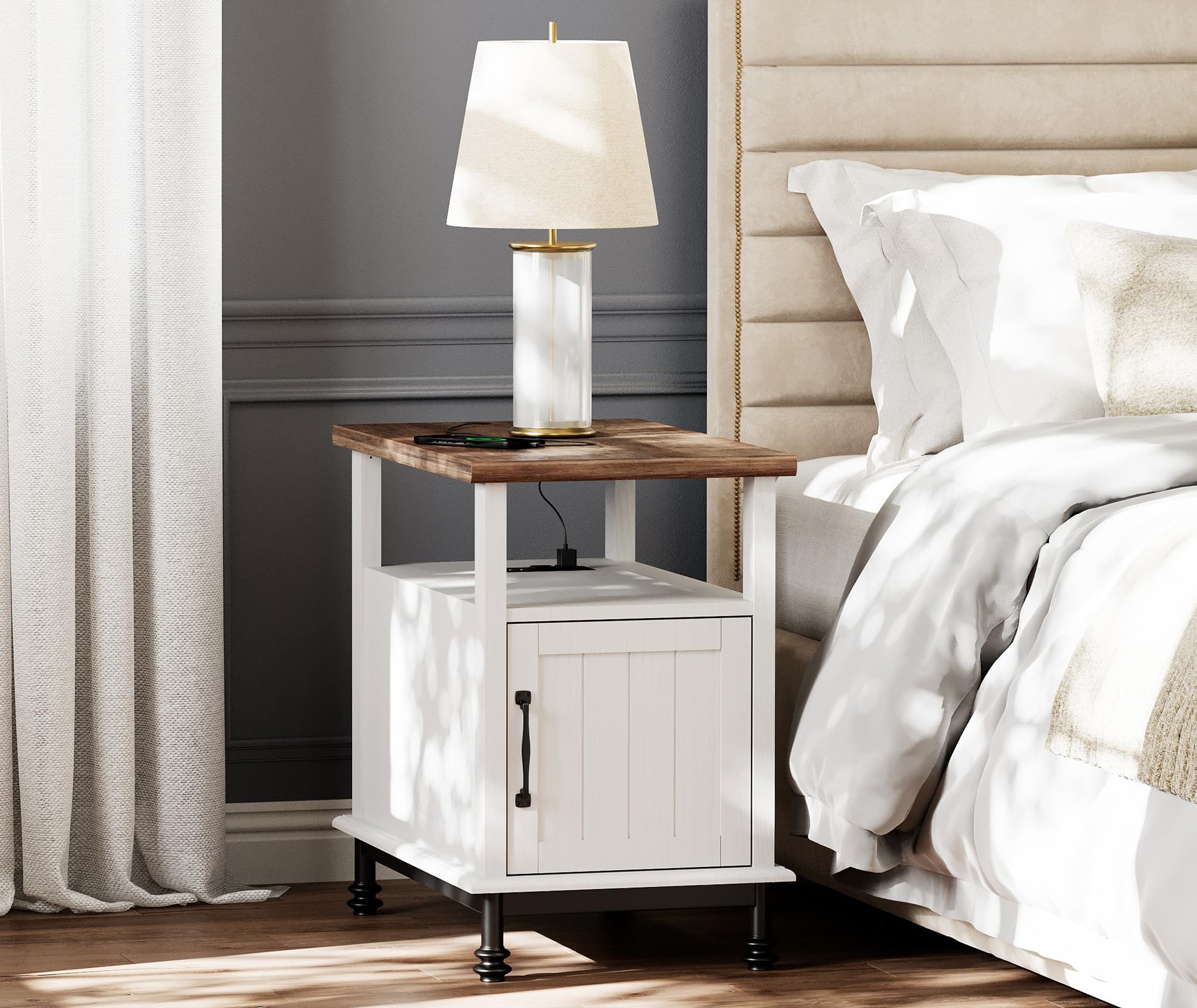 WAMPAT Narrow End Table with Charging Station - Farmhouse Style Side Table with Open Storage & Cabinet - Wooden Nightstand with Metal Legs for Living Room & Bedroom - White/Oak Finish - Perfect for Small Spaces, Apartments & Home Decor
