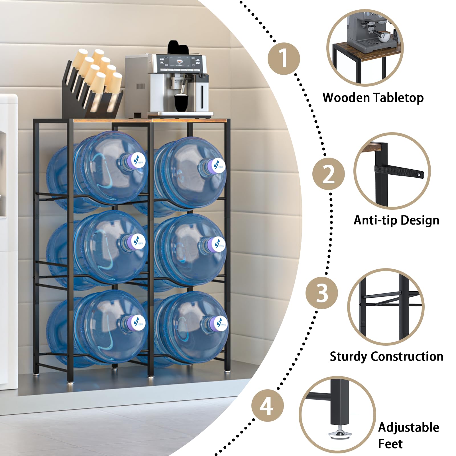 5 Gallon Water Jug Holder with Storage Rack - 3-Tier Water Dispenser Stand for Kitchen, Office, Living Room - Sturdy Brown Water Bottle Organizer for Home & Commercial Use