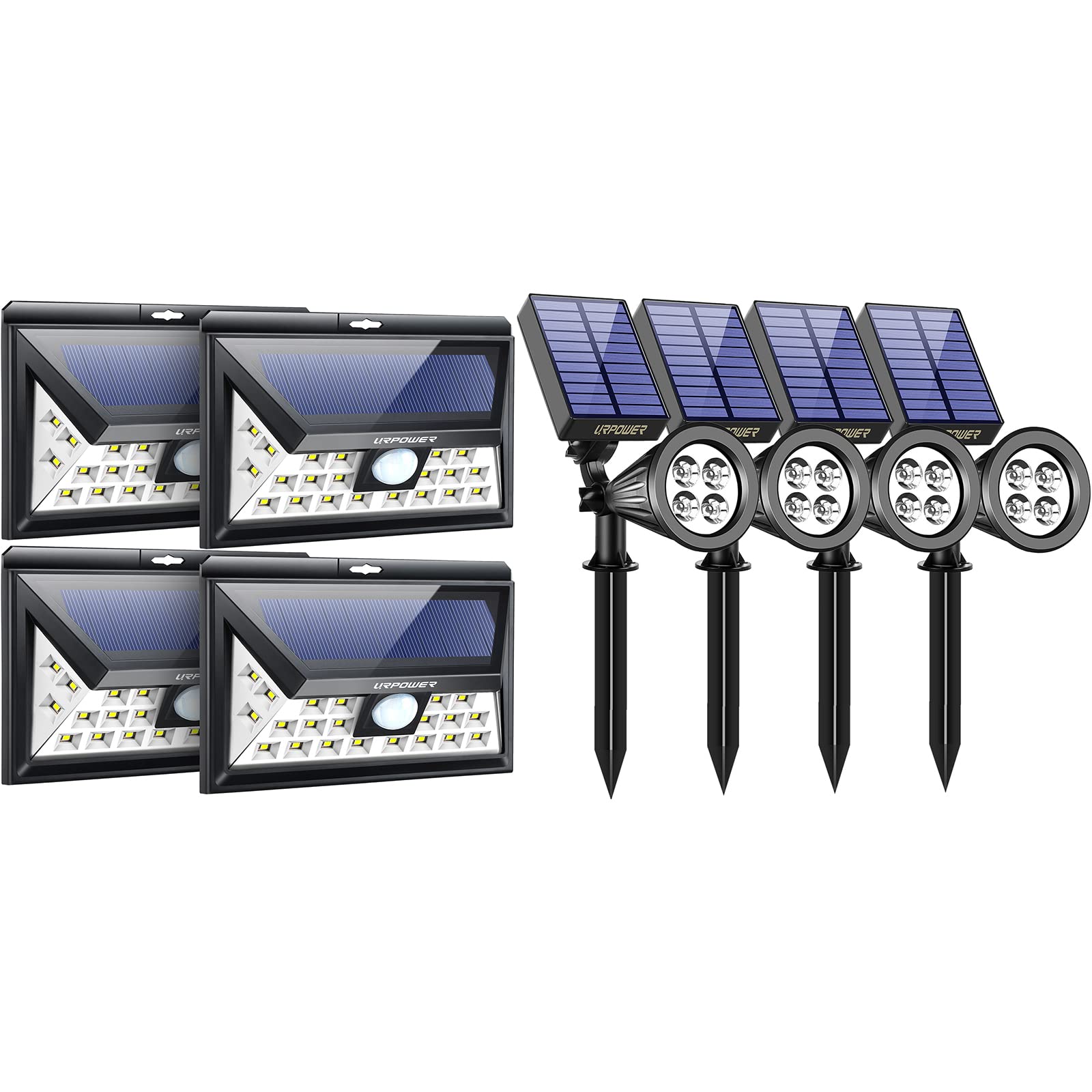 URPOWER 2-in-1 Solar Outdoor Lights Set - 4 Pack Waterproof LED Solar Spotlights & 4 Pack 24 LED Motion Sensor Security Lights with 270° Wide Lighting, 3 Modes, IP65 Waterproof for Garden, Pathway, Yard, and Home Security Lighting
