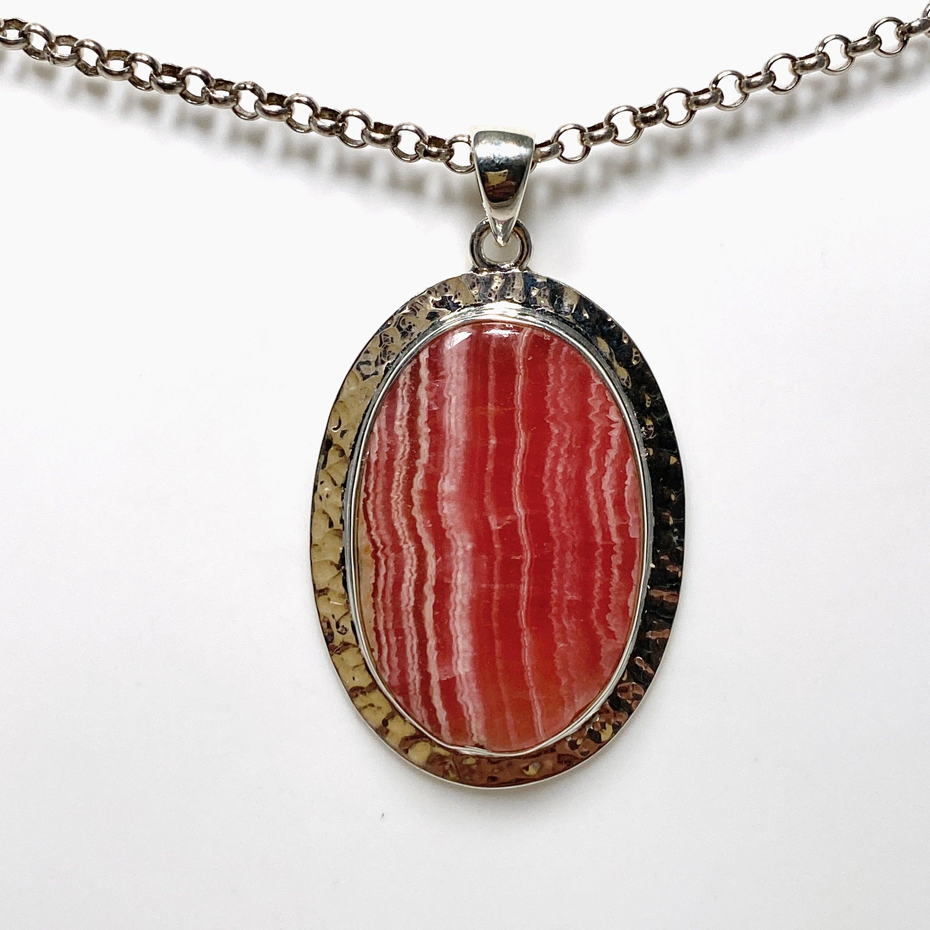 Rhodochrosite Oval Pendant Necklace - Handcrafted Hammered Sterling Silver Setting KPGJ4320 | Elegant Jewelry Gift for Women, Perfect for Weddings & Special Occasions