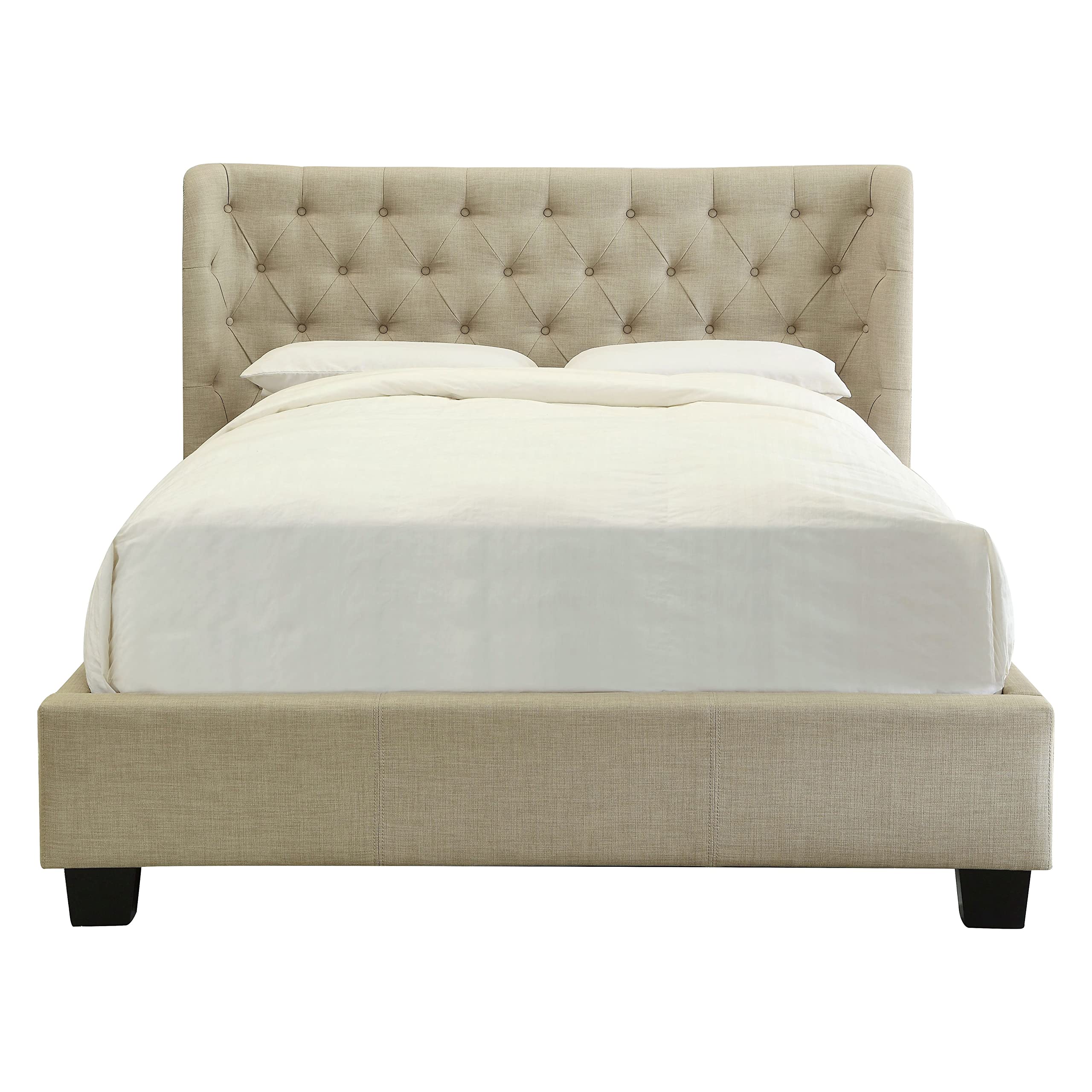 Modus Furniture Solid Wood Queen Size Platform Bed Frame - Levi Toast Linen Upholstered Headboard | Modern Bedroom Furniture for Small Spaces & Guest Rooms