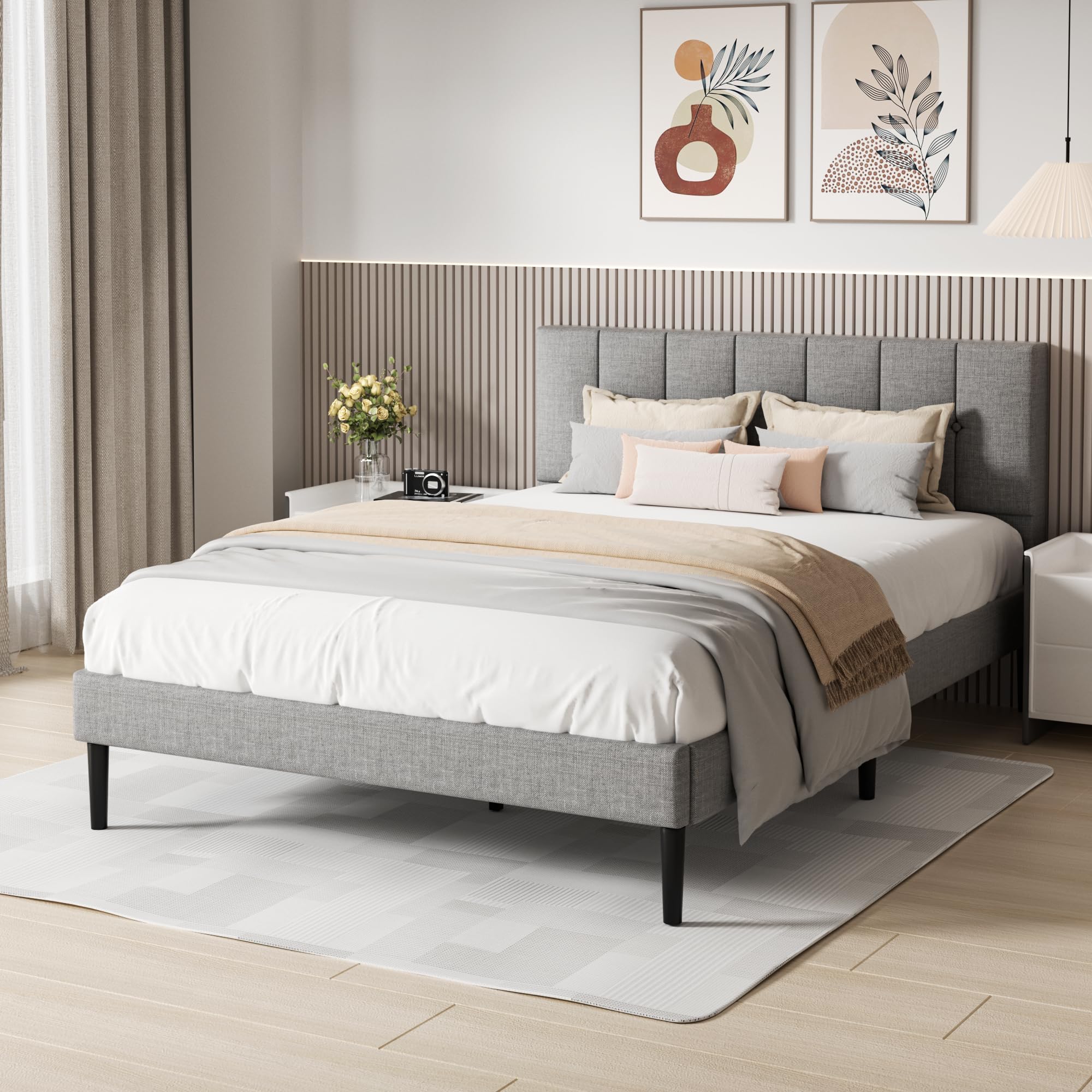 UNIZONE Queen Size Bed Frame with Button Tufted Upholstered Headboard - Wooden Slat Support Platform Bed - No Box Spring Needed - Easy Assembly - Light Gray Fabric - Perfect for Master Bedroom, Guest Room & Small Spaces