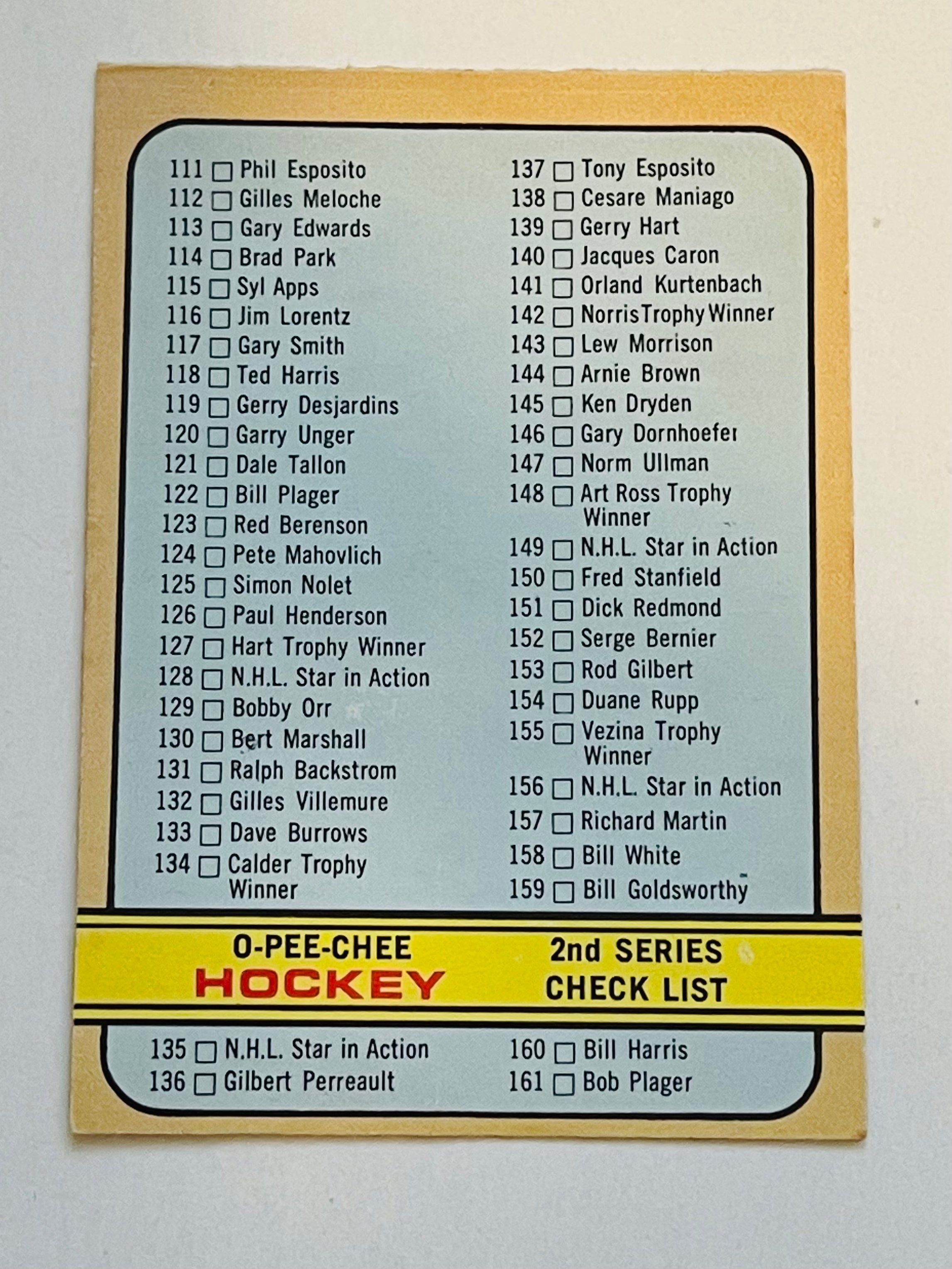1972-73 OPC Hockey 2nd Series Unmarked Checklist - Vintage NHL Trading Cards for Collectors & Fans - Perfect for Sports Memorabilia Displays & Investment Collections