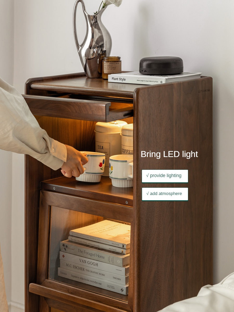 Solid Black Walnut & Oak Wood Glass Flip Door Display Cabinet with LED Lights - Perfect for Living Room, Bedroom & Office Storage & Display