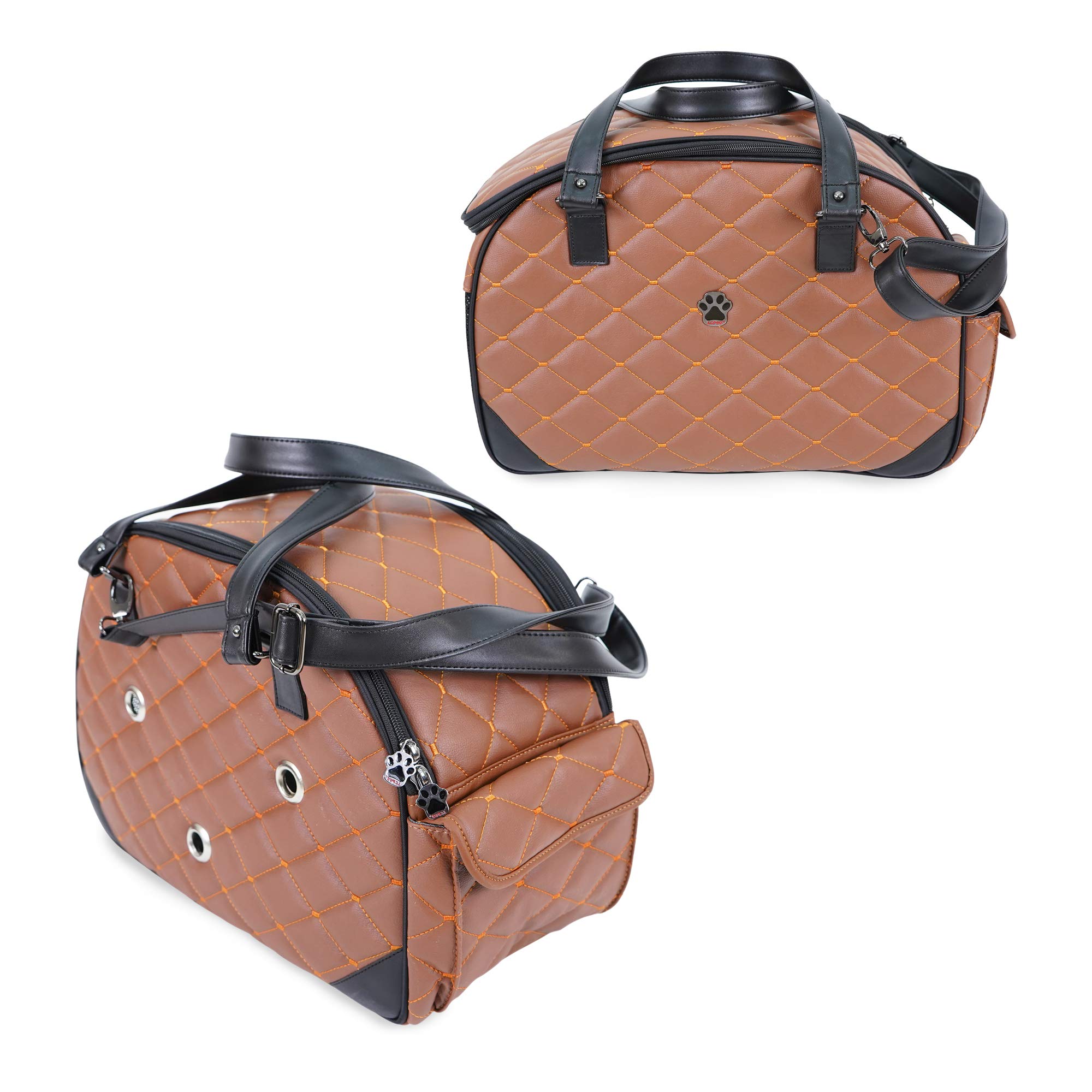 SUSSEXHOME Small Pet Carrier for Dogs & Cats - Waterproof Faux Leather Travel Tote Bag with Double Strap - 19.7 x 8.7 x 13.4 Inch Camel Color - Perfect for Air Travel, Vet Visits & Daily Outings