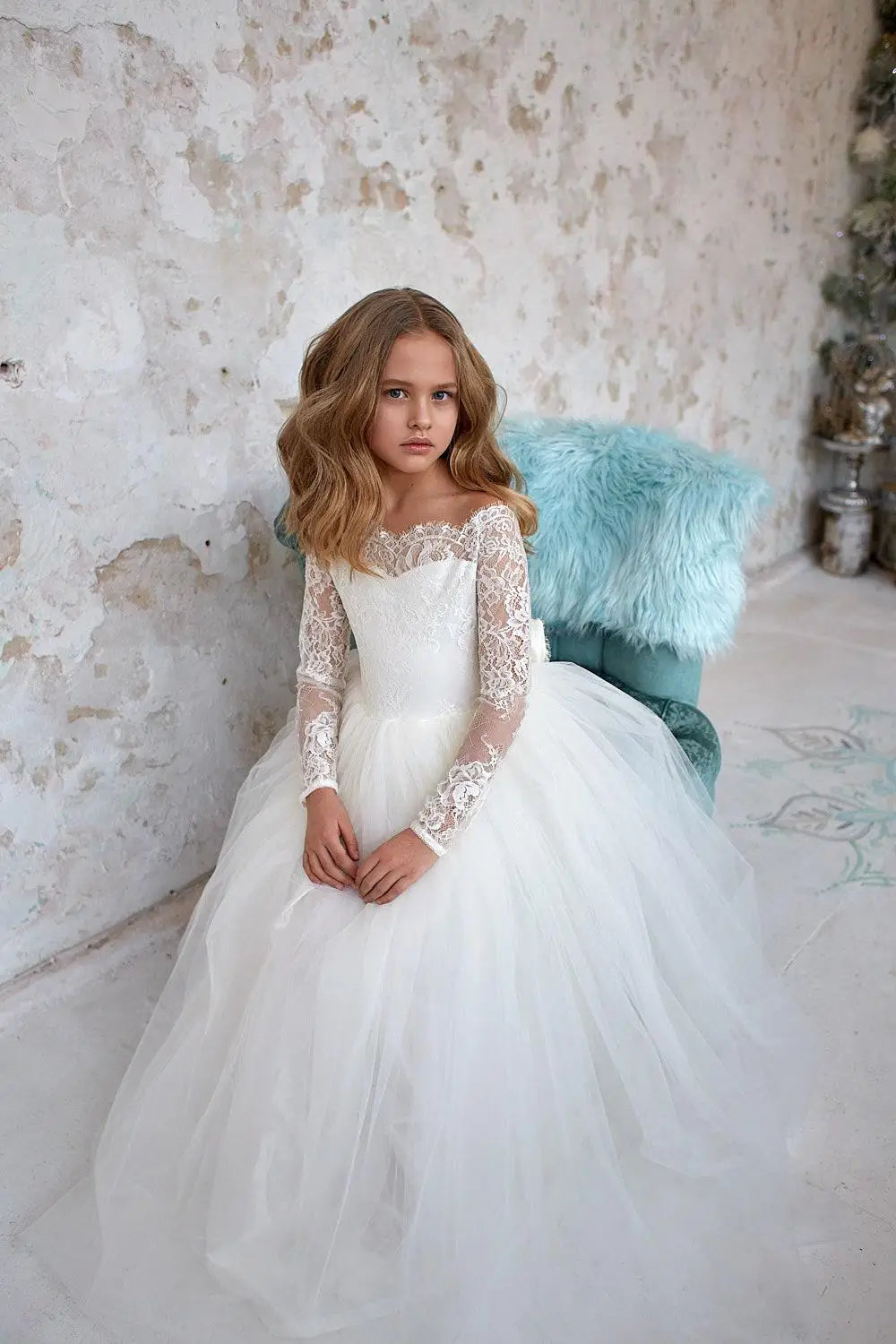 Elegant Full Sleeves Flower Girl Dress for First Communion - Perfect for Weddings, Baptisms & Special Occasions