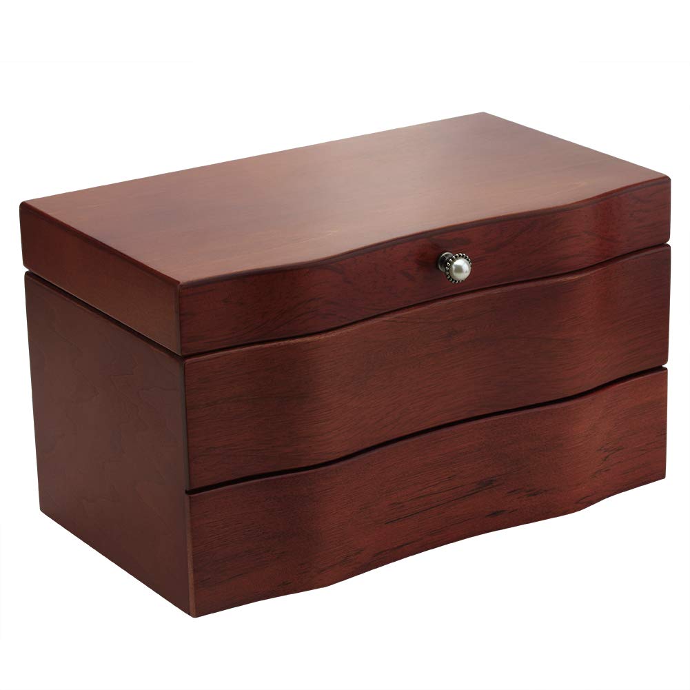 Solid Wood Jewelry Box with Mirror - 3-Tier Storage Organizer for Necklaces, Rings & Earrings - Vintage Brown Makeup Jewelry Case for Dresser, Vanity & Travel