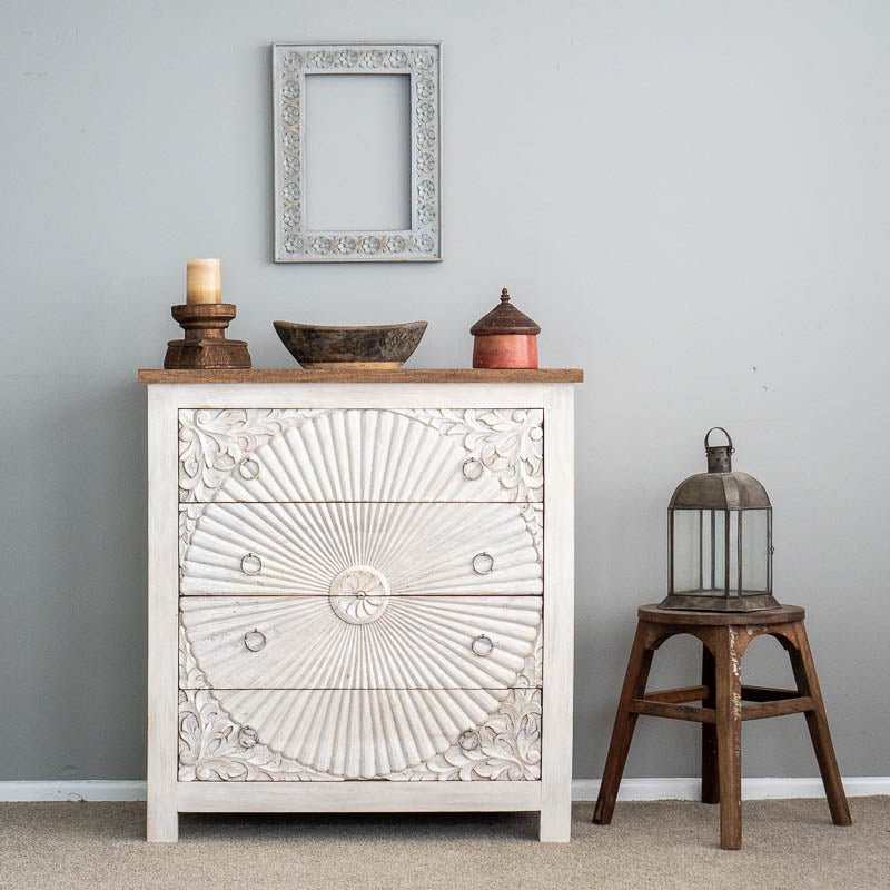 Hand Carved Boho 4-Drawer Chest Dresser in White - Vintage Bedroom Furniture for Boho & Farmhouse Decor