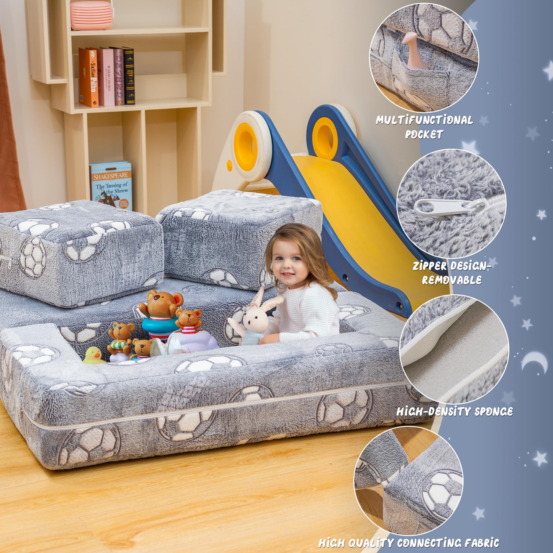 Glow in The Dark Toddler Play Couch - Convertible Fold Out Kids Sofa with Foam Floor Cushion for Playroom & Bedroom (Grey+Football Design) - Perfect for Sleepovers, Movie Nights & Indoor Playtime