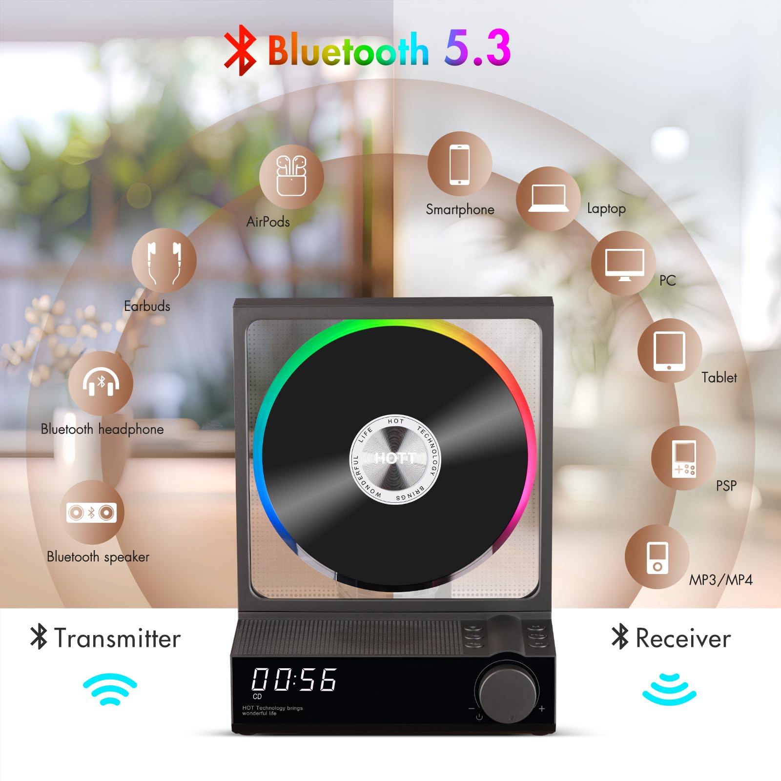 Portable Bluetooth CD Player with HiFi Speakers - 5.3 Wireless, RGB Lights, TF Card Slot & USB Recording - Desktop CD Player with LED Display for Home, Office & Car Use (Grey)