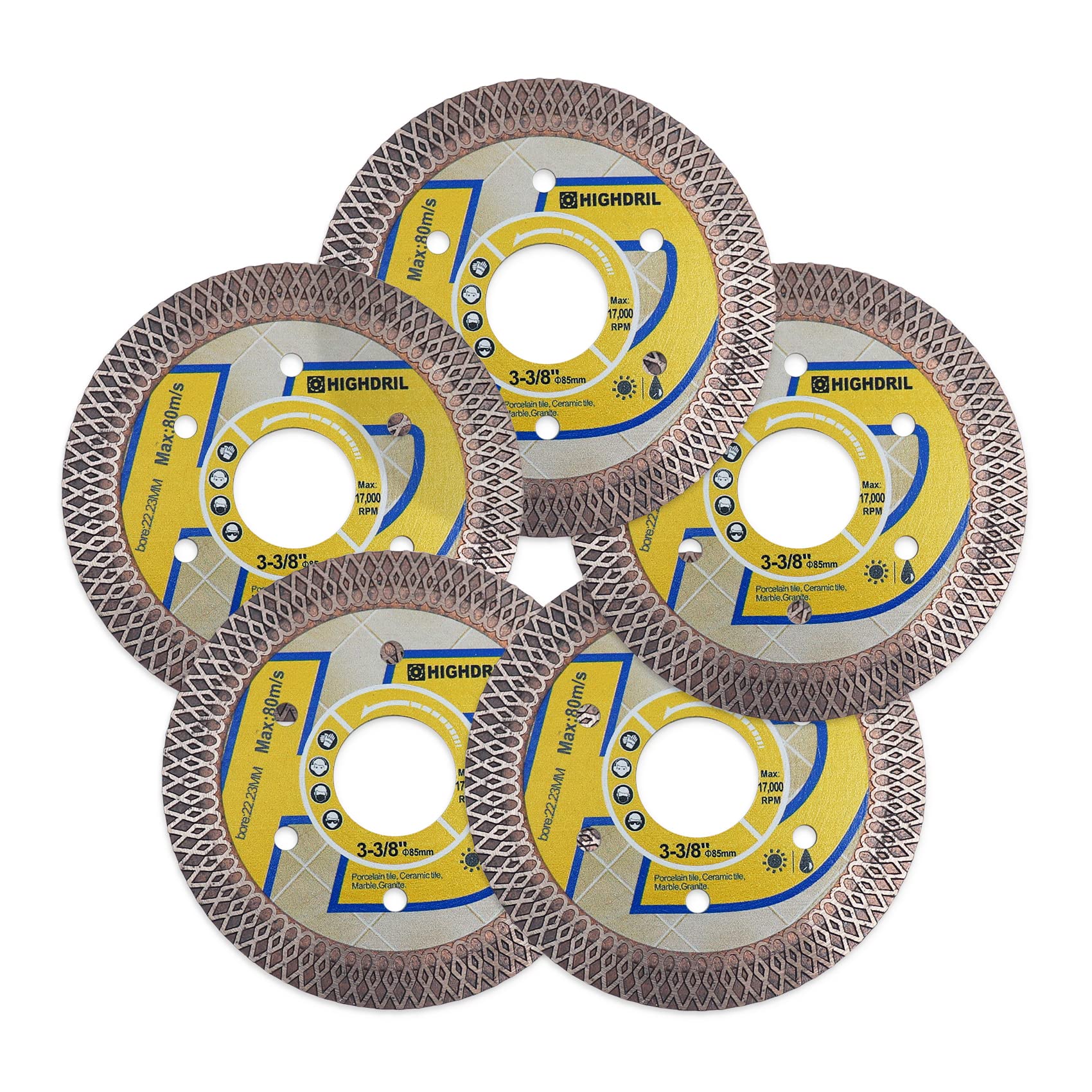 5-Pack HIGHDRIL 3 3/8 Inch Diamond Saw Blades for Tile Cutting - Turbo X Mesh Dry/Wet Use Circular Saw Disc for Porcelain, Ceramic, Granite & Marble | Perfect for Home Renovation, Bathroom Tiling & Stone Fabrication