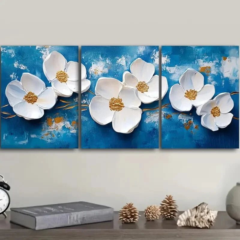 3-Piece Blue Background White Flowers Metal Print Wall Art - Ready to Hang for Living Room, Bedroom & Office Decor