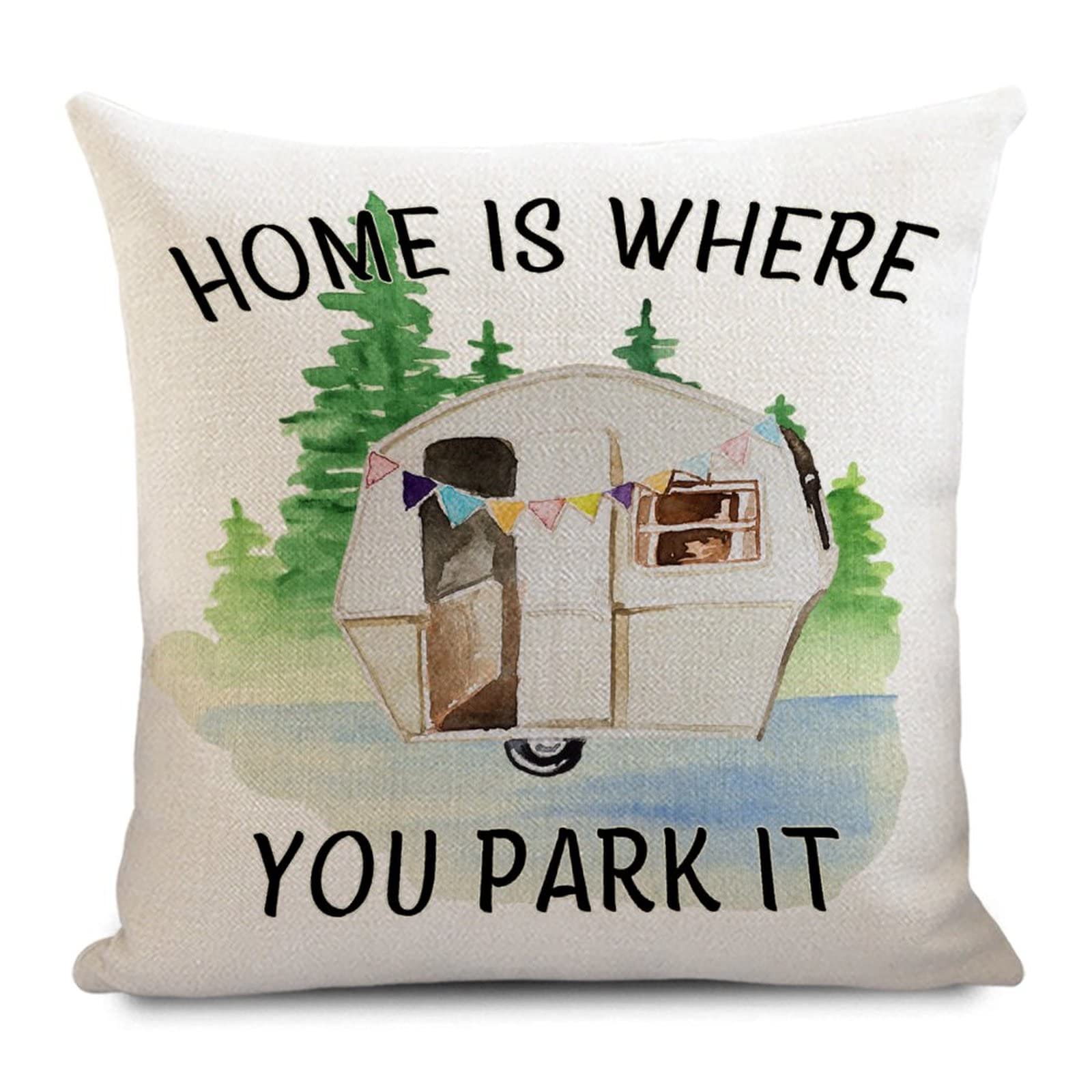 Happy Camper Watercolor Burlap Linen Square Pillow Covers 18x18 Inch - Cottage Style Cushion Shams for Sofa, Couch, Chair & Bedroom Decor - Perfect for RV, Camping & Cozy Home Accents