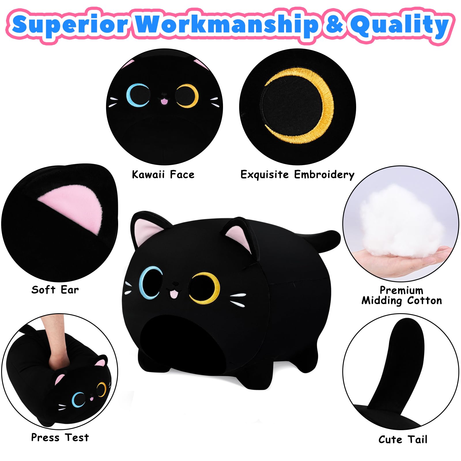 16'' Black Cat Plush Pillow with Unique Eyes - Soft Anime Stuffed Animal Toy for Kids, Girls & Boys | Perfect Birthday Gift, Home Decor, and Cuddly Companion