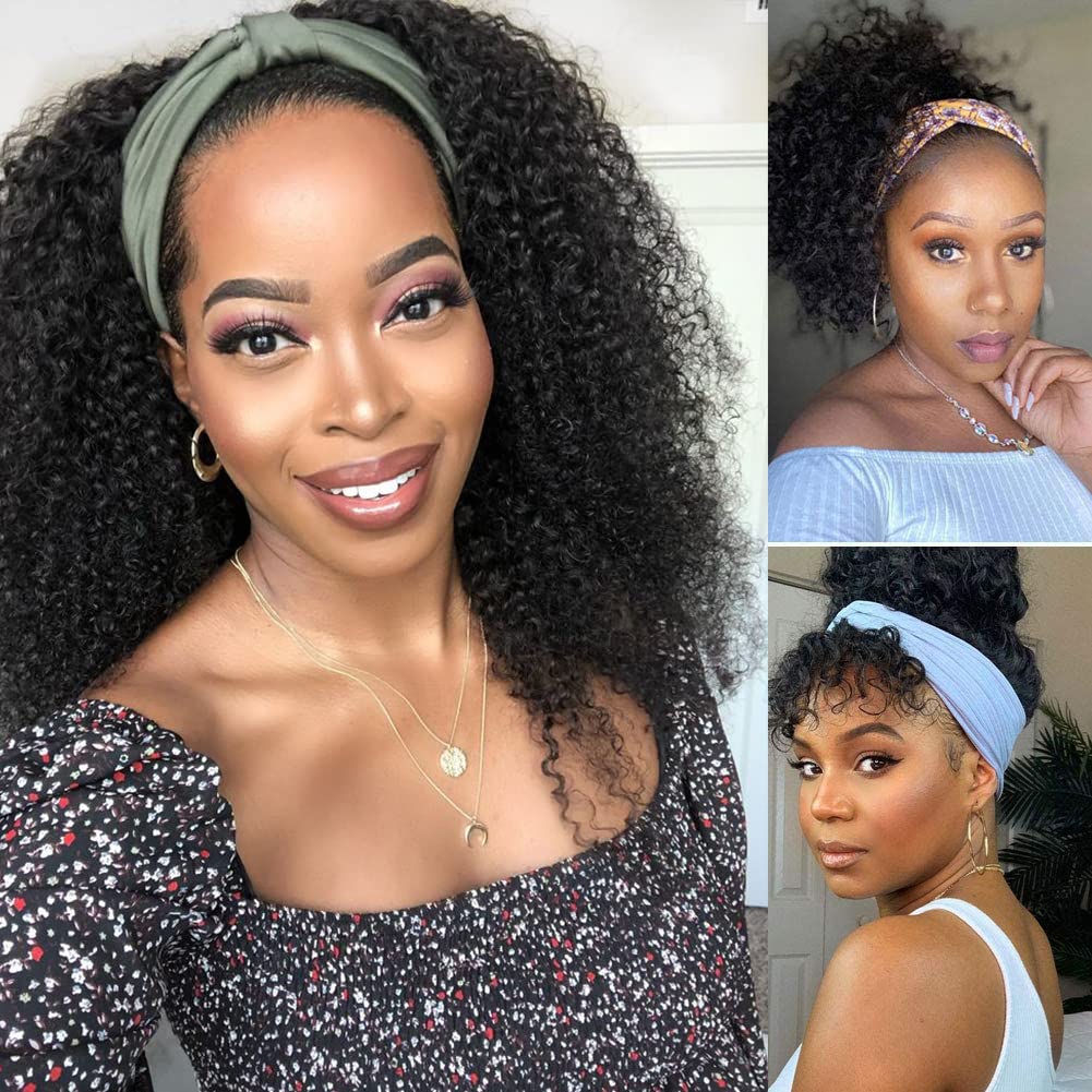 Kinky Curly Human Hair Headband Wigs for Women - 180% Density Natural Color No Lace Front - 10 Inch Afro Textured Wig for Everyday Wear & Protective Styling