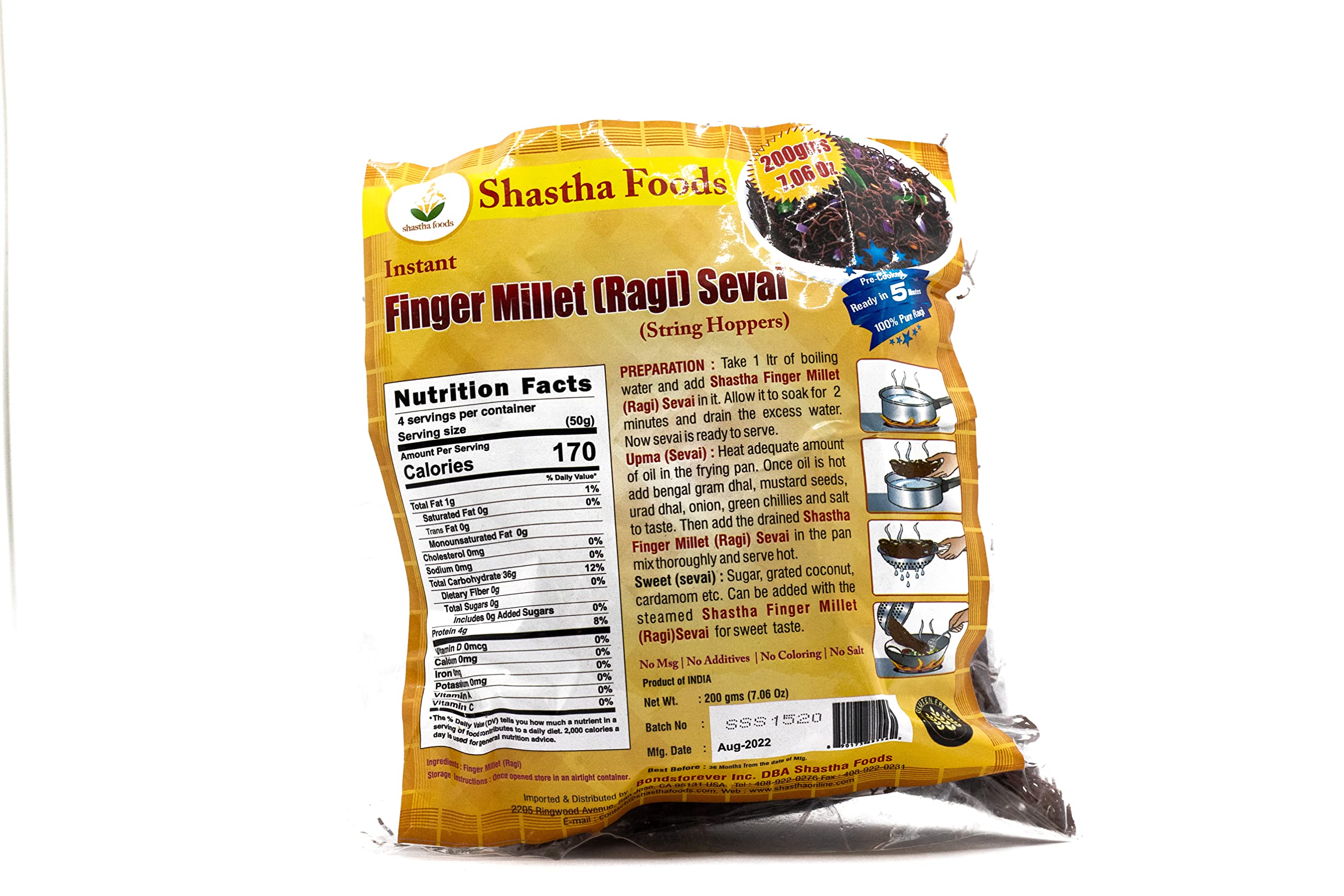 Shastha Rice Sevai Combo Pack A - 4 Varieties (Red Rice, Multigrain, Ragi & Brown Rice) - 200g Each - Healthy Indian Noodles for Breakfast, Lunch & Dinner - Perfect for Vegan & Gluten-Free Diets