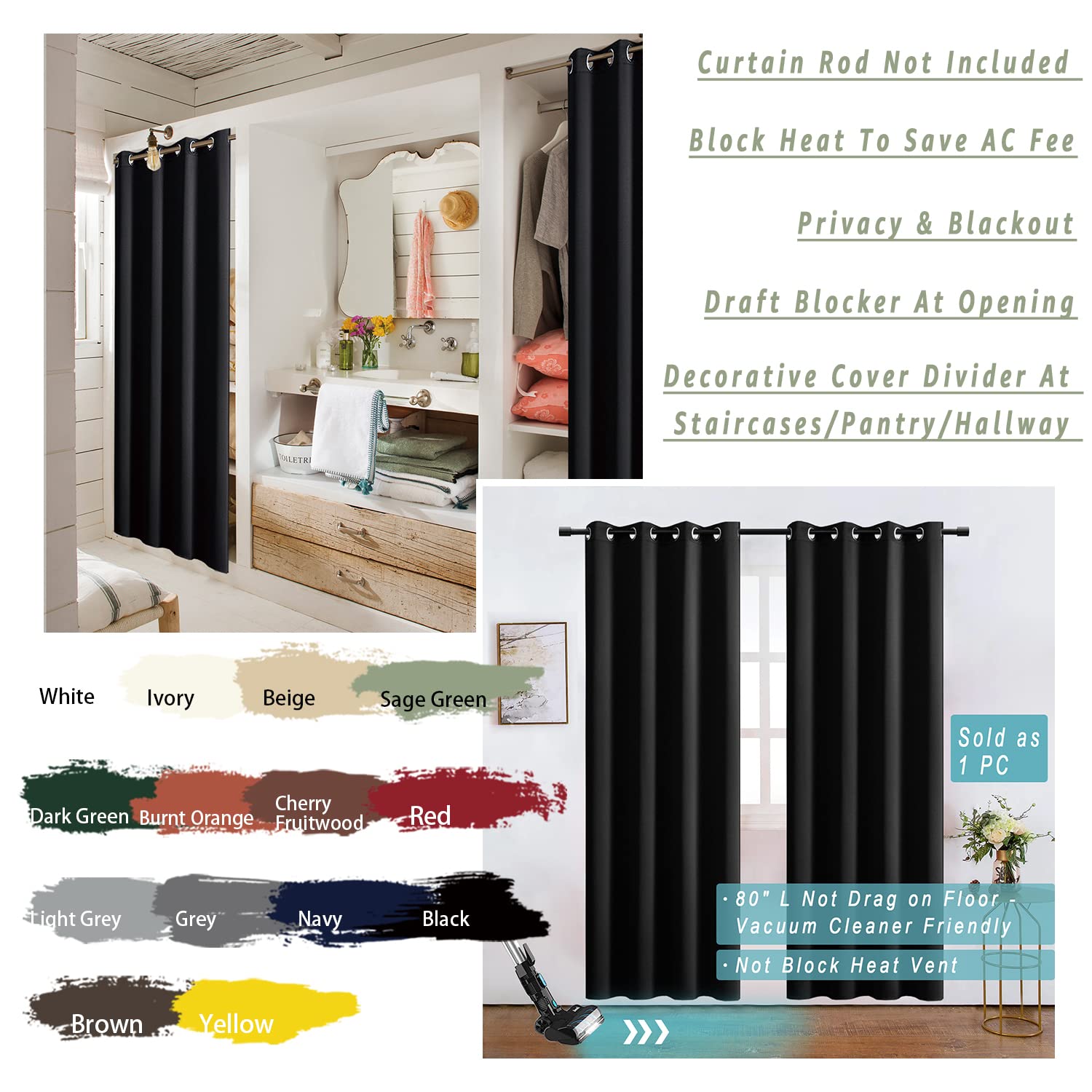 XTMYI 80 Inch Blackout Door Curtain for Privacy - Room Divider, Temporary Insulated Curtain for Bedroom, Closet Door Cover - Perfect for Home, Office & Dorm Room Privacy Solutions