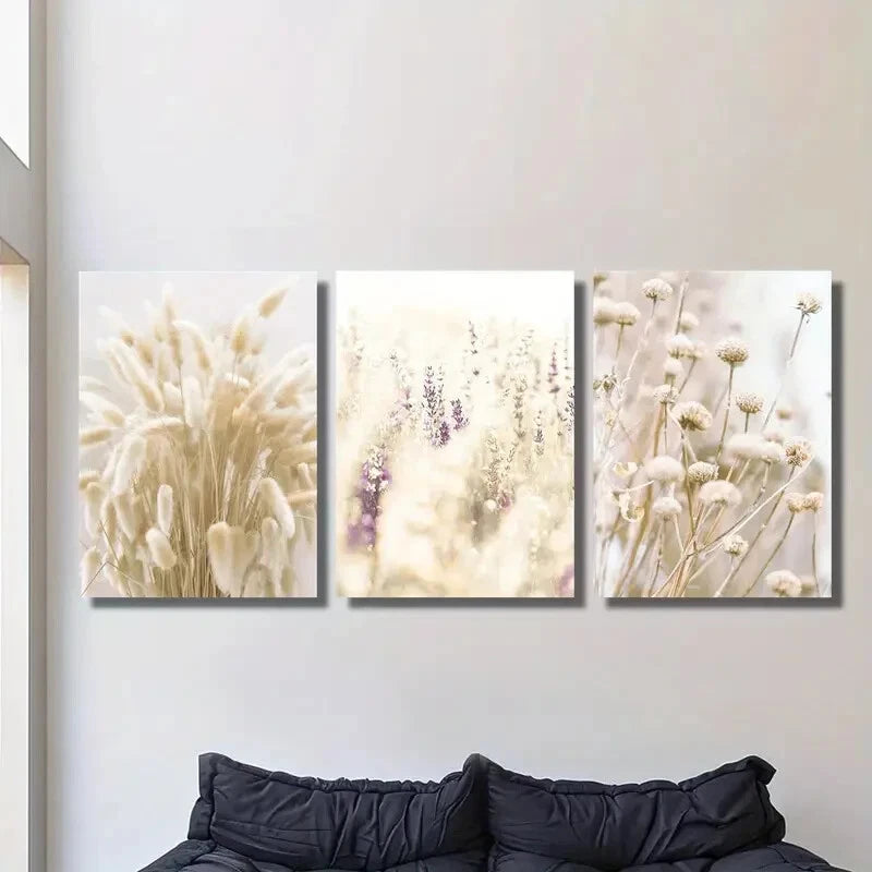 3-Piece Dogtail Grass & Flowers Metal Wall Art - Classic Modern Ready to Hang Prints for Living Room, Bedroom & Office Decor
