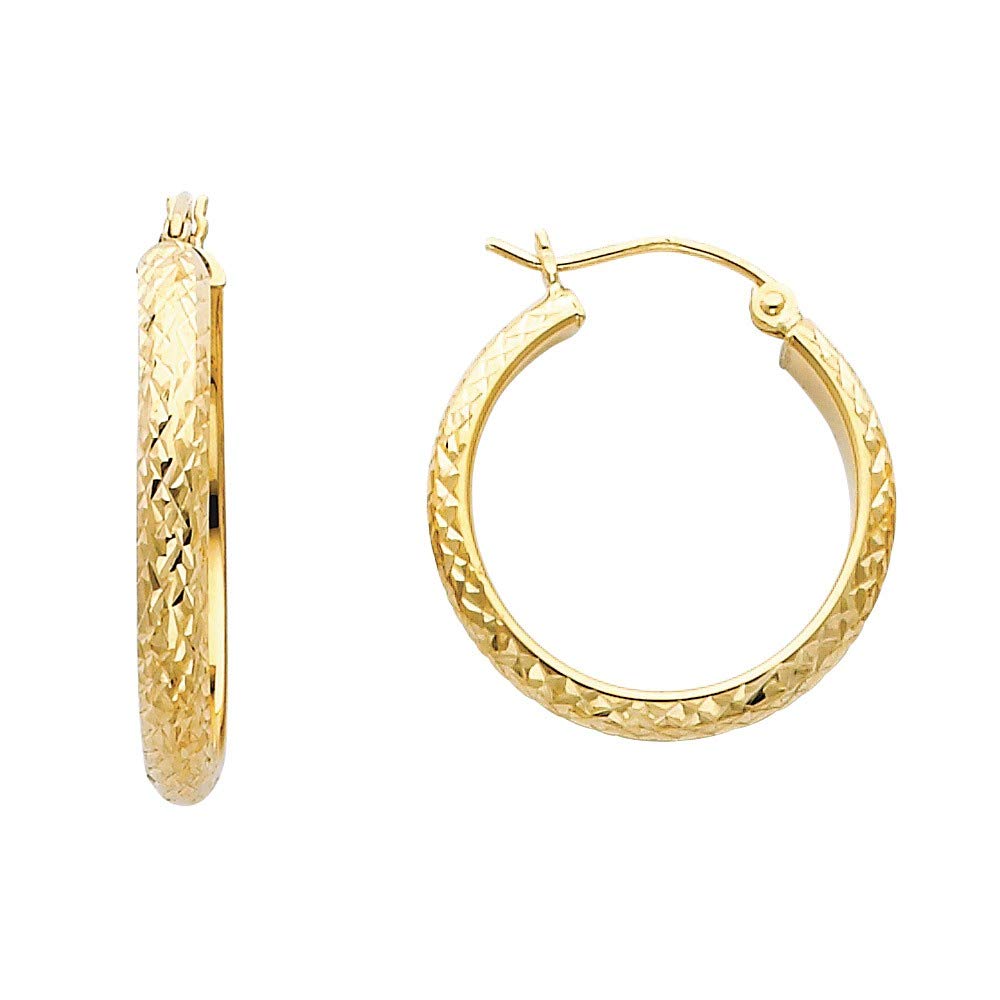 14K Yellow Gold Sparkle Cut 3.5mm Half Round Tube Hoop 22mm Earrings - Elegant Dainty Jewelry Gift for Women, Perfect for Everyday Wear, Parties & Special Occasions