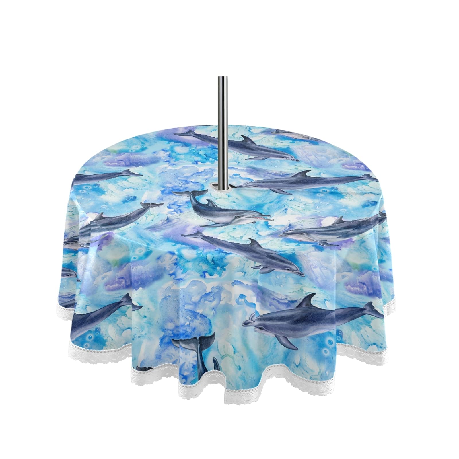 Dolphin Print Waterproof Outdoor Tablecloth with Umbrella Hole & Zipper - Machine Washable Spring Summer Picnic Table Cover for Backyard, Patio, Garden Party Decor - Perfect for Beach BBQs, Poolside Gatherings & Outdoor Dining