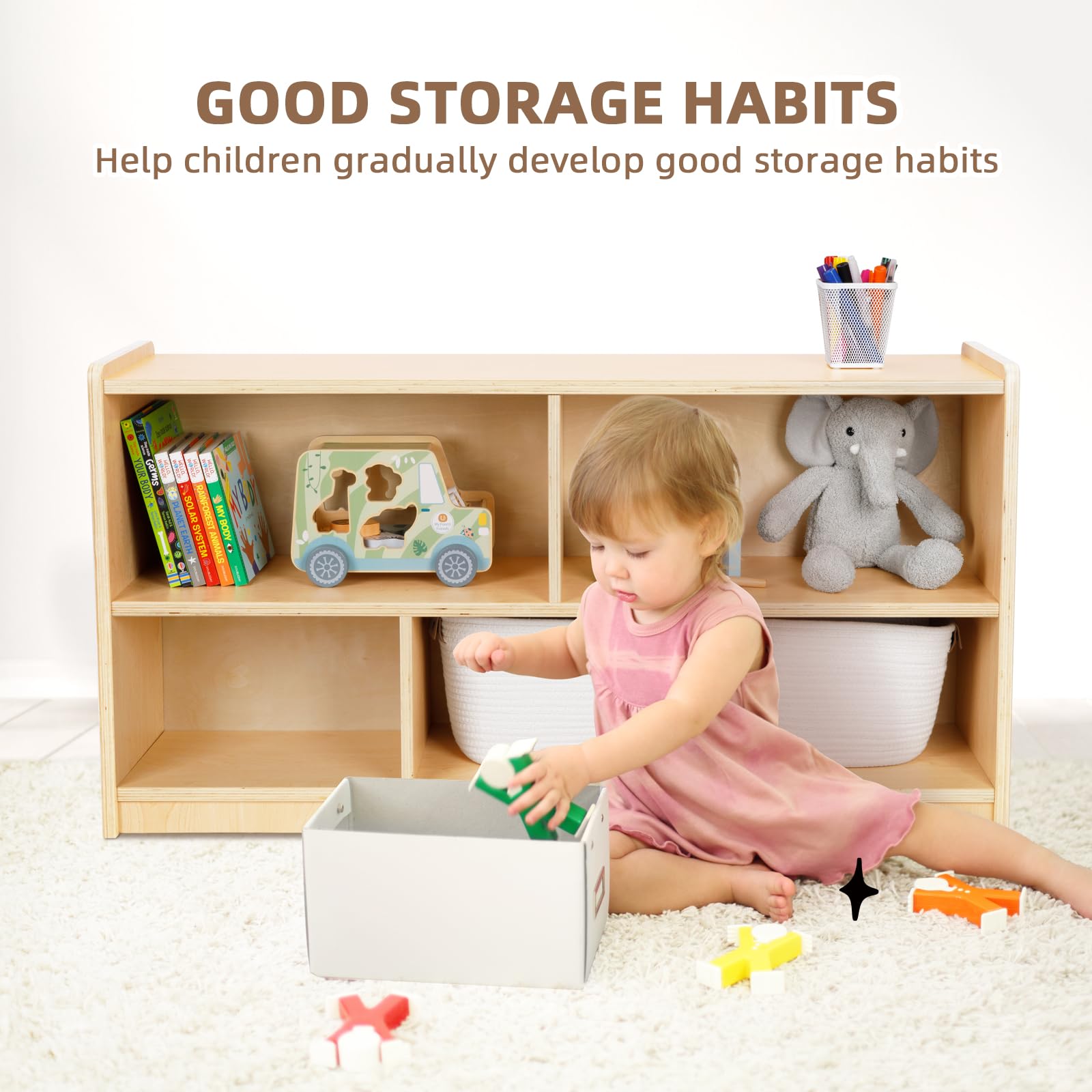 TOOKYLAND 5-Compartment Wooden Storage Cabinet - 2-Shelf Montessori Toy Organizer for Kids, Classroom & Playroom Storage - Daycare & Preschool Bookshelf for Toys, Books & Learning Materials - Perfect for Home, School & Childcare Centers