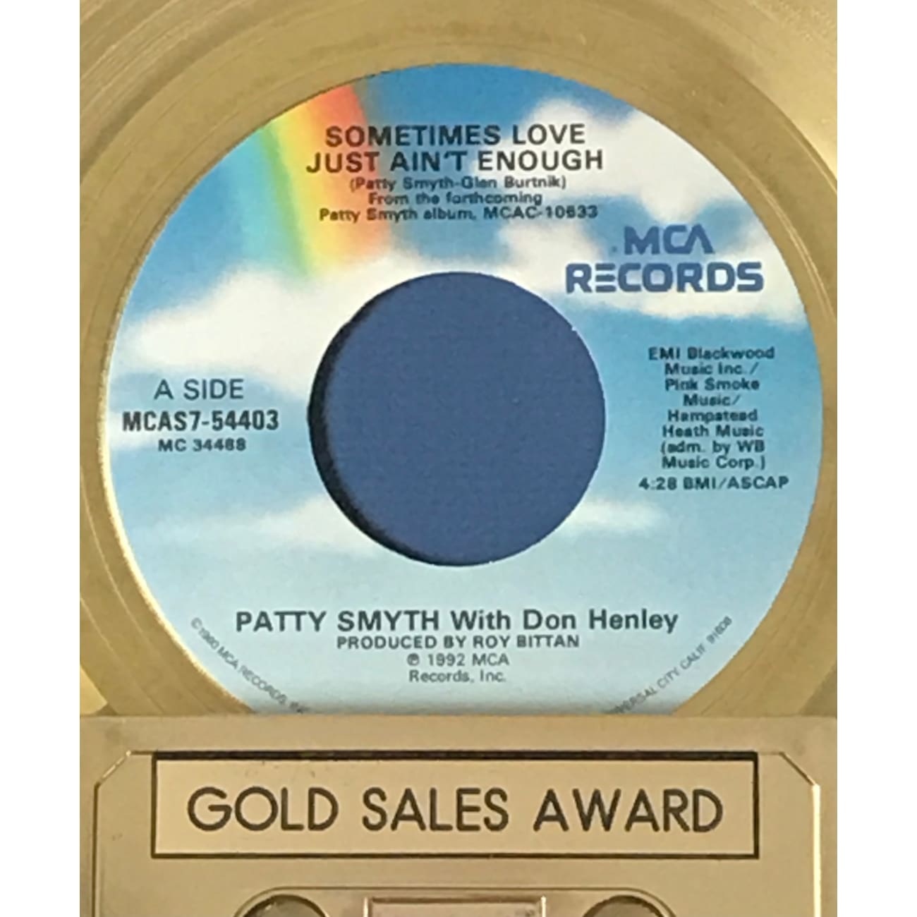 Patty Smyth & Don Henley - Sometimes Love Just Ain't Enough RIAA Gold Single Award - Perfect for Music Collectors & 90s Nostalgia Lovers
