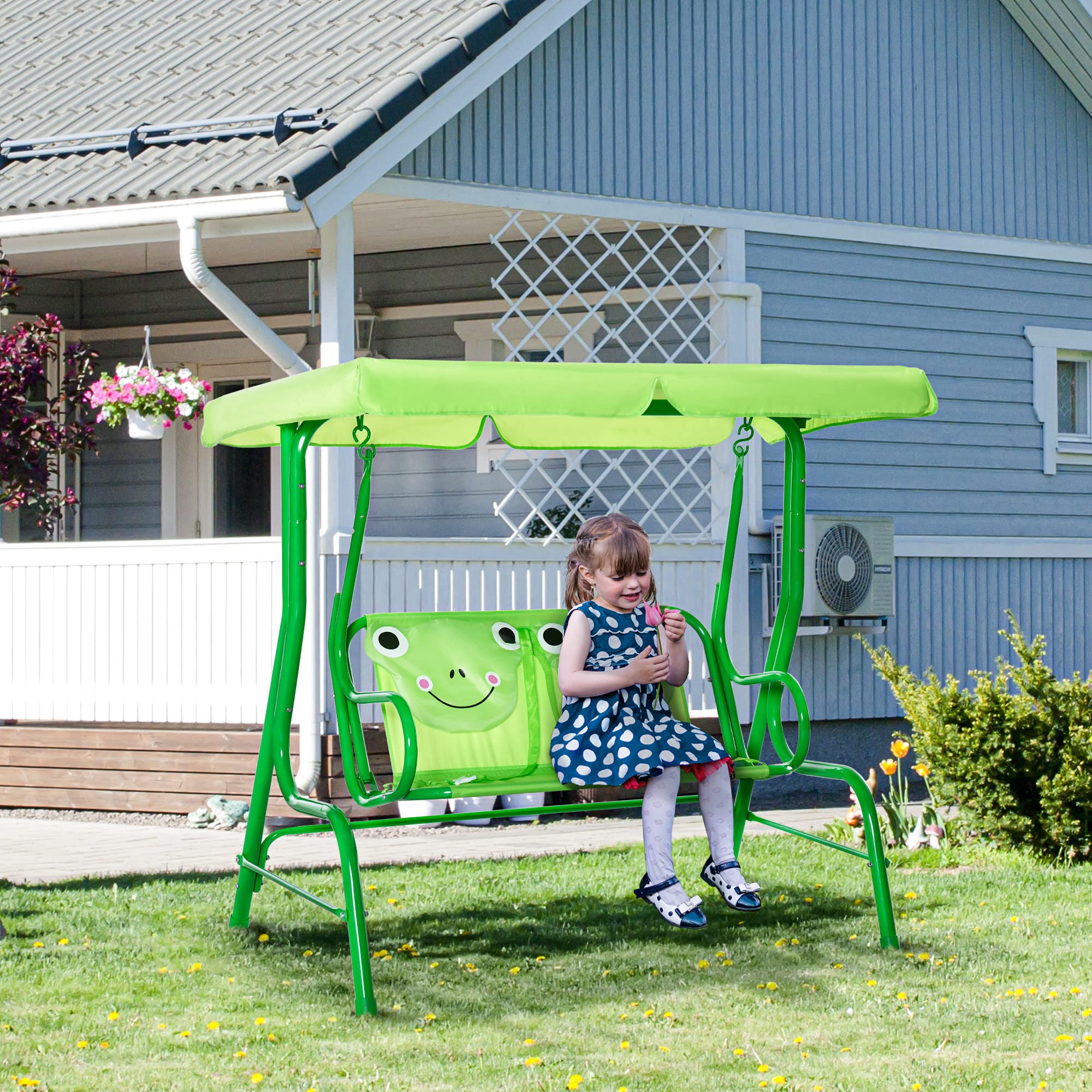 Outsunny Kids Porch Swing with Adjustable Sun Canopy & Safety Seatbelts - Green Frog-Themed Outdoor Swing Chair for Ages 3-6 | Perfect for Backyard, Garden, and Patio Playtime