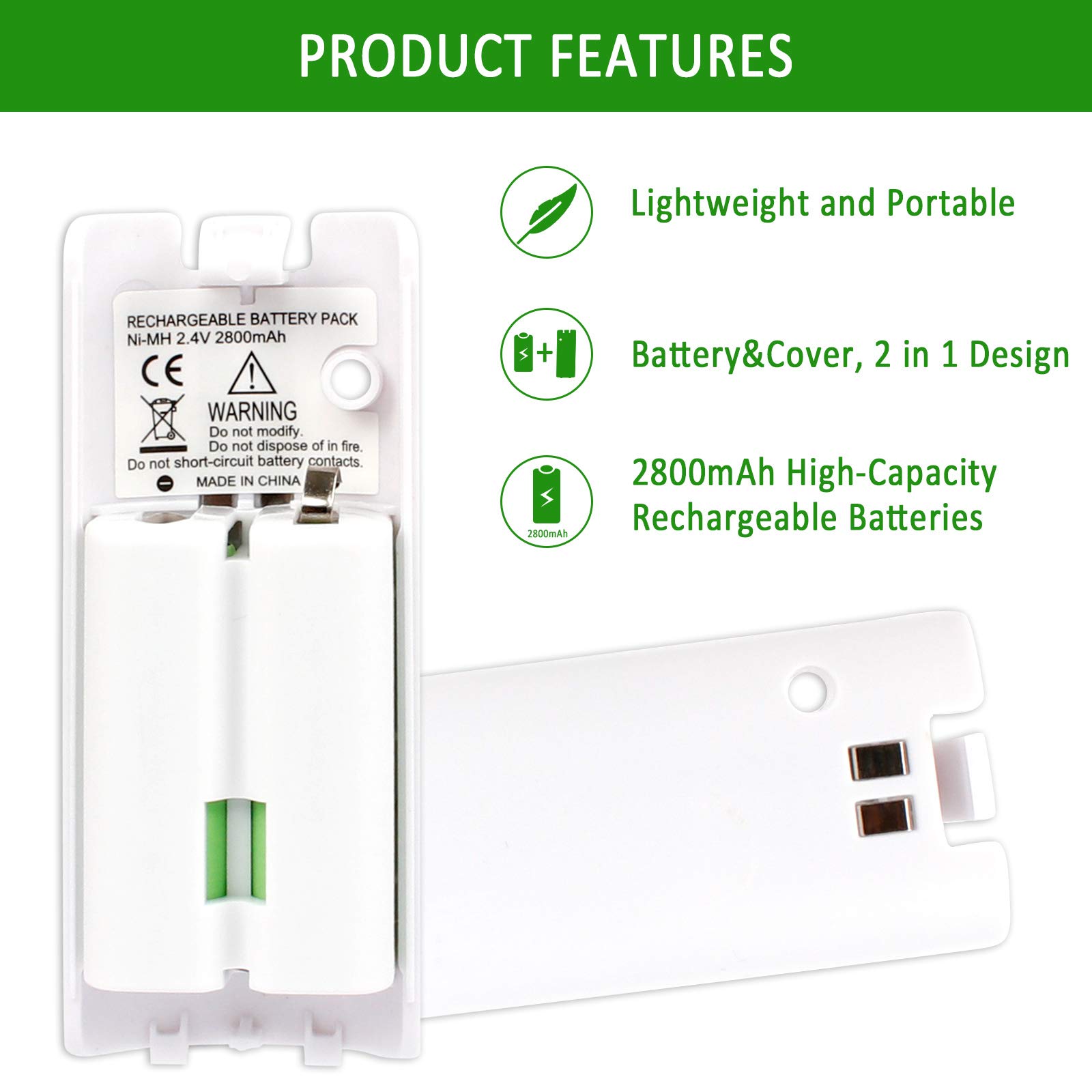 4 Pcs Rechargeable Wii Remote Batteries - 2800mAh High Capacity Battery Pack for Nintendo Wii/Wii U Controller (White) | Long Lasting Power for Gaming Sessions & Family Game Nights
