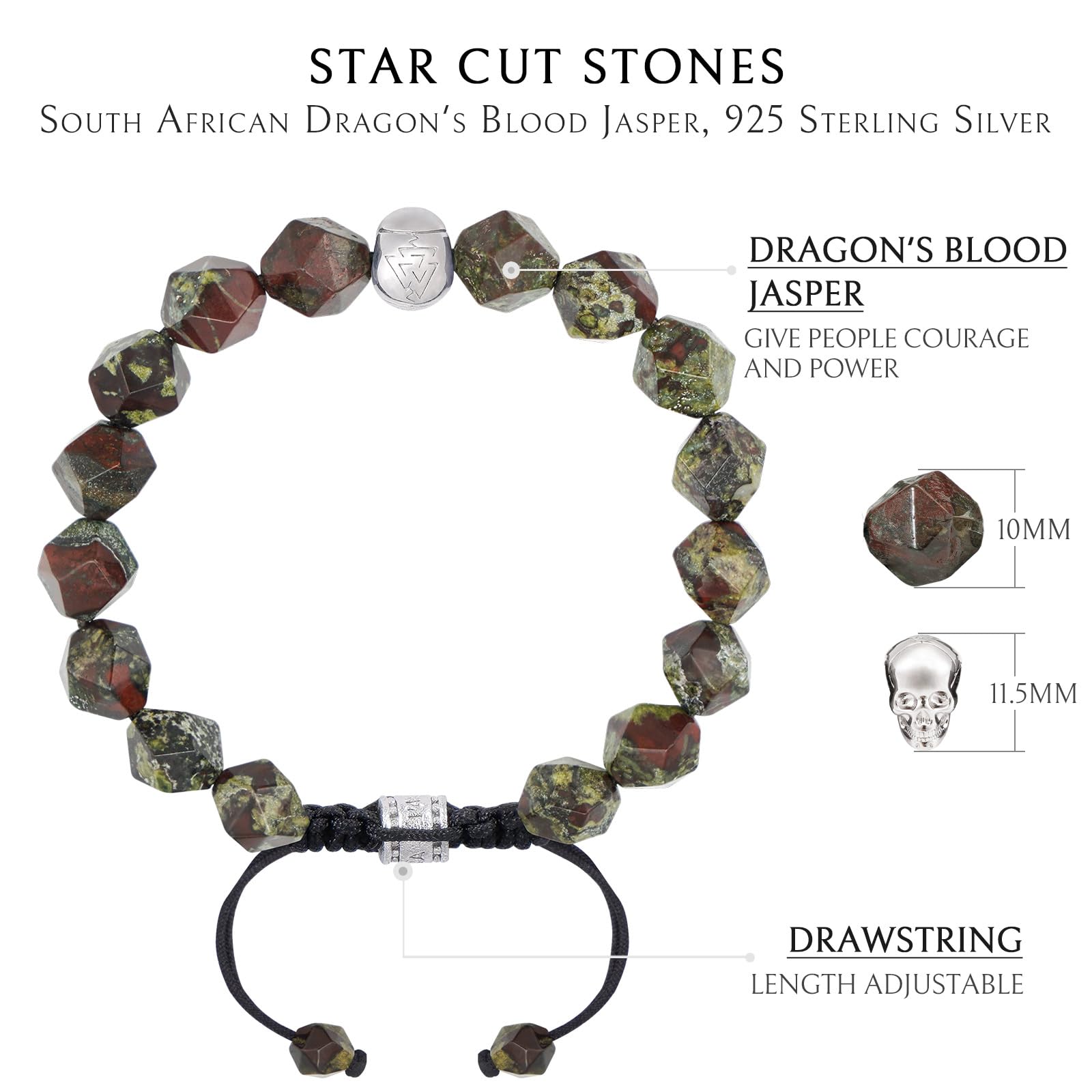 Men's Adjustable Dumortierite & Dragon Blood Jasper Beaded Bracelet with Sterling Silver Skull Charm - 10mm Natural Gemstone Braided Bracelet Gift (6.1-7.9 inches) for Spiritual Healing, Meditation & Fashion Accessories