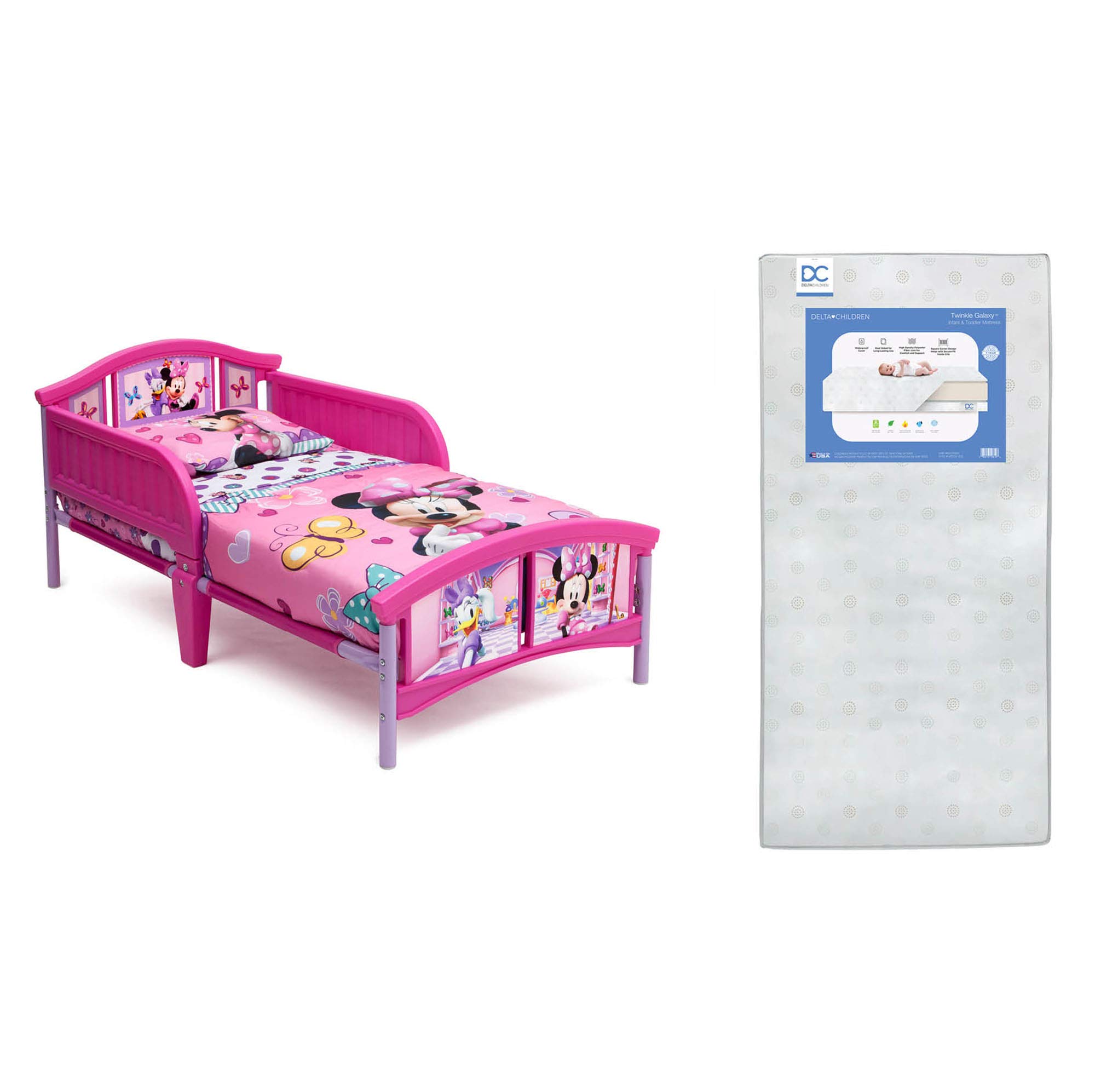 Delta Children Disney Minnie Mouse Twinkle Galaxy Toddler Bed with Dual-Sided Recycled Fiber Core Mattress - Safe Plastic Toddler Bed for Girls' Nursery, Daycare or Sleepovers
