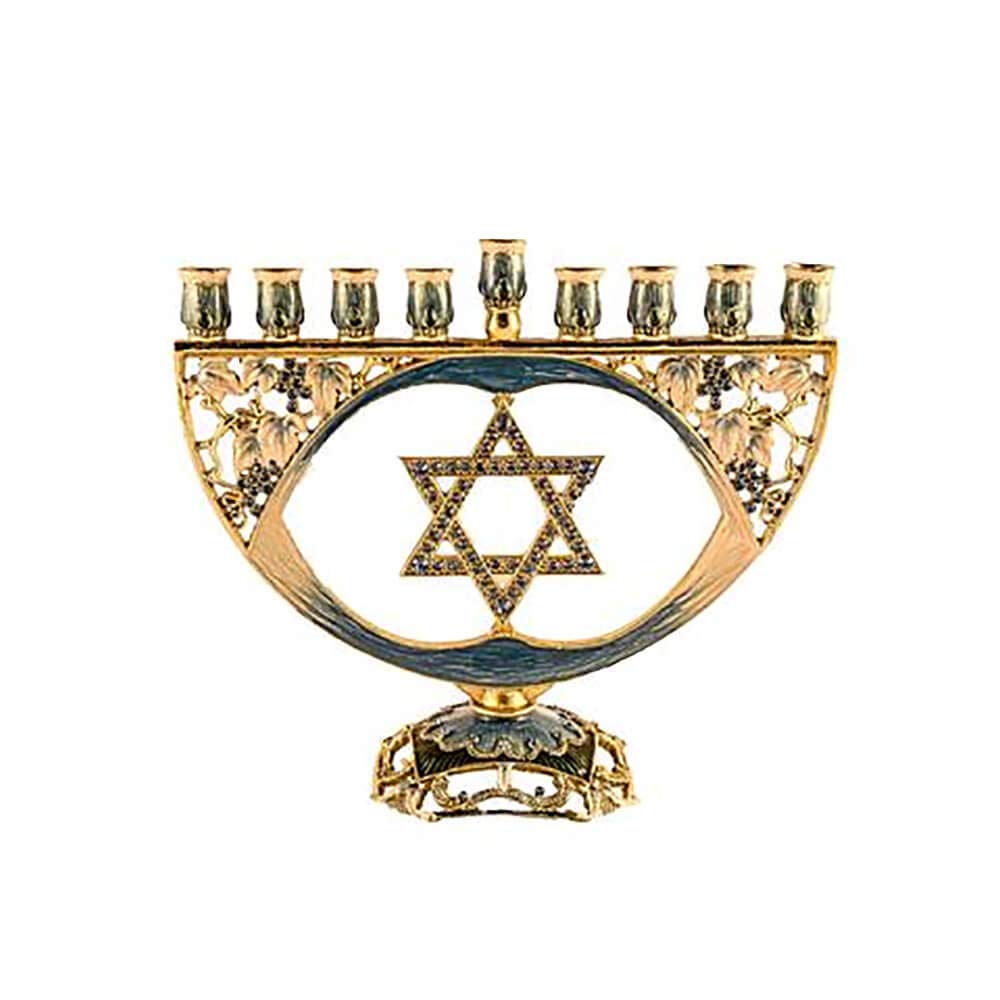 Handcrafted Decorative Menorah with Star of David - Hand-Set Austrian Crystals & Blue Enamel on Solid Pewter Base - Holds 9 Candles for Hanukkah Celebrations, Jewish Home Decor, and Holiday Gift Giving