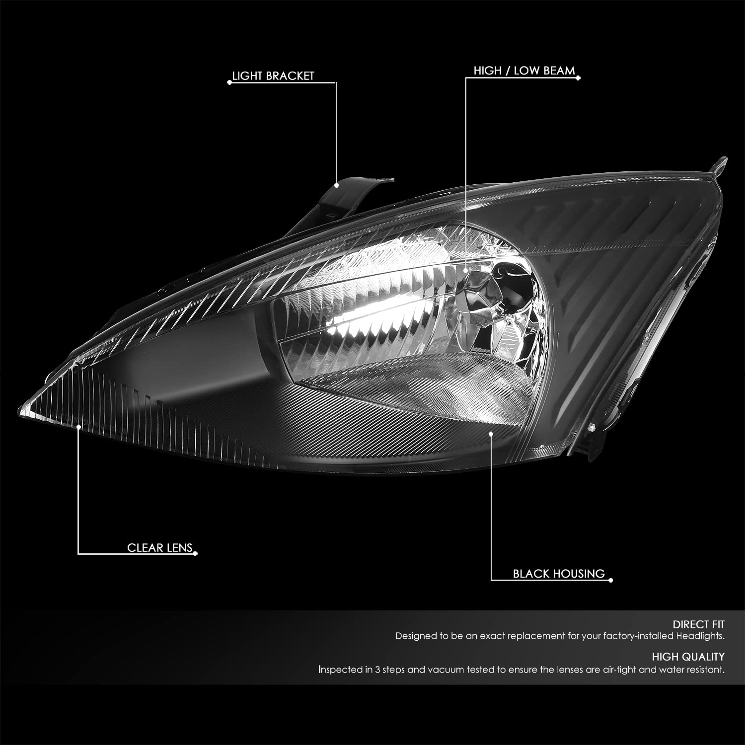 DNA MOTORING HL-OH-FF03-BK-CL1 Black Housing Clear Lens Headlights for 2003-2004 Ford Focus - Pair of Replacement Headlights with Clear Reflector for Improved Night Visibility