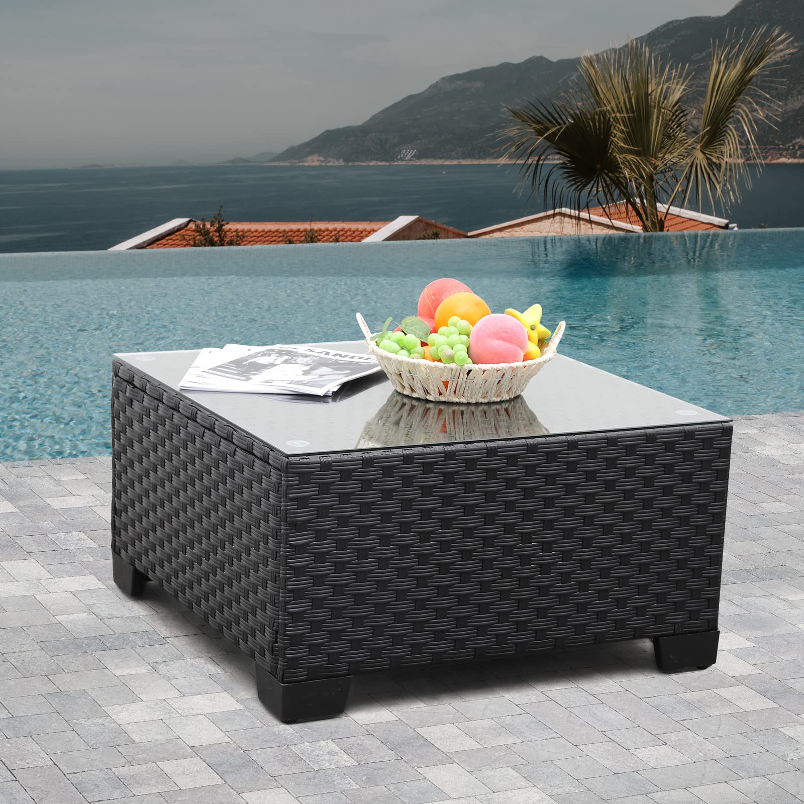 Black Wicker Patio Coffee Table with Tempered Glass Top - Outdoor Garden Square Side Table for Poolside, Deck, or Backyard Relaxation
