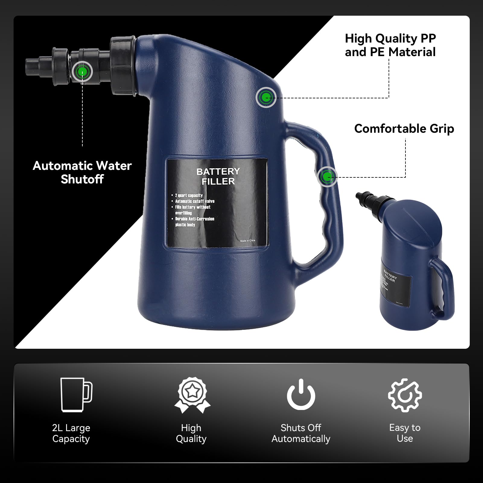 2 Quarts Battery Filler Bottle with Auto Shut Off & Drip-Free Valve - Golf Cart & Automotive Battery Water Filler Jug - Prevent Spills & Mess - Perfect for Golf Carts, Cars, Trucks, and Marine Batteries