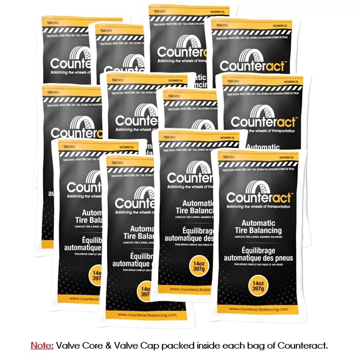 Counteract 14OZ-B12 Centrifugal Force Tire/Wheel Balancing Beads - Perfect for Off-Road Vehicles & Light Duty Trucks | 12 Pack 14oz Balance Bead Bags with Valve Cores & Caps | Improve Ride Smoothness & Reduce Tire Wear for Highway & Off-Road Adventures