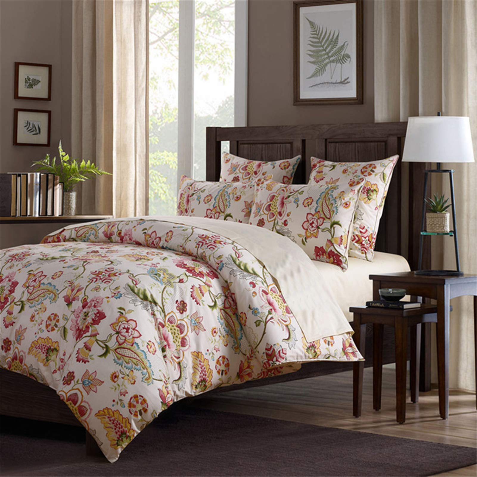 ABREEZE King Size Duvet Cover Set - 100% Egyptian Cotton Farmhouse Floral Bedding with Button Closure | 3-Piece Set (1 Duvet Cover + 2 Pillow Shams) in Soft Pink | Perfect for Master Bedroom, Guest Room & Cozy Farmhouse Decor