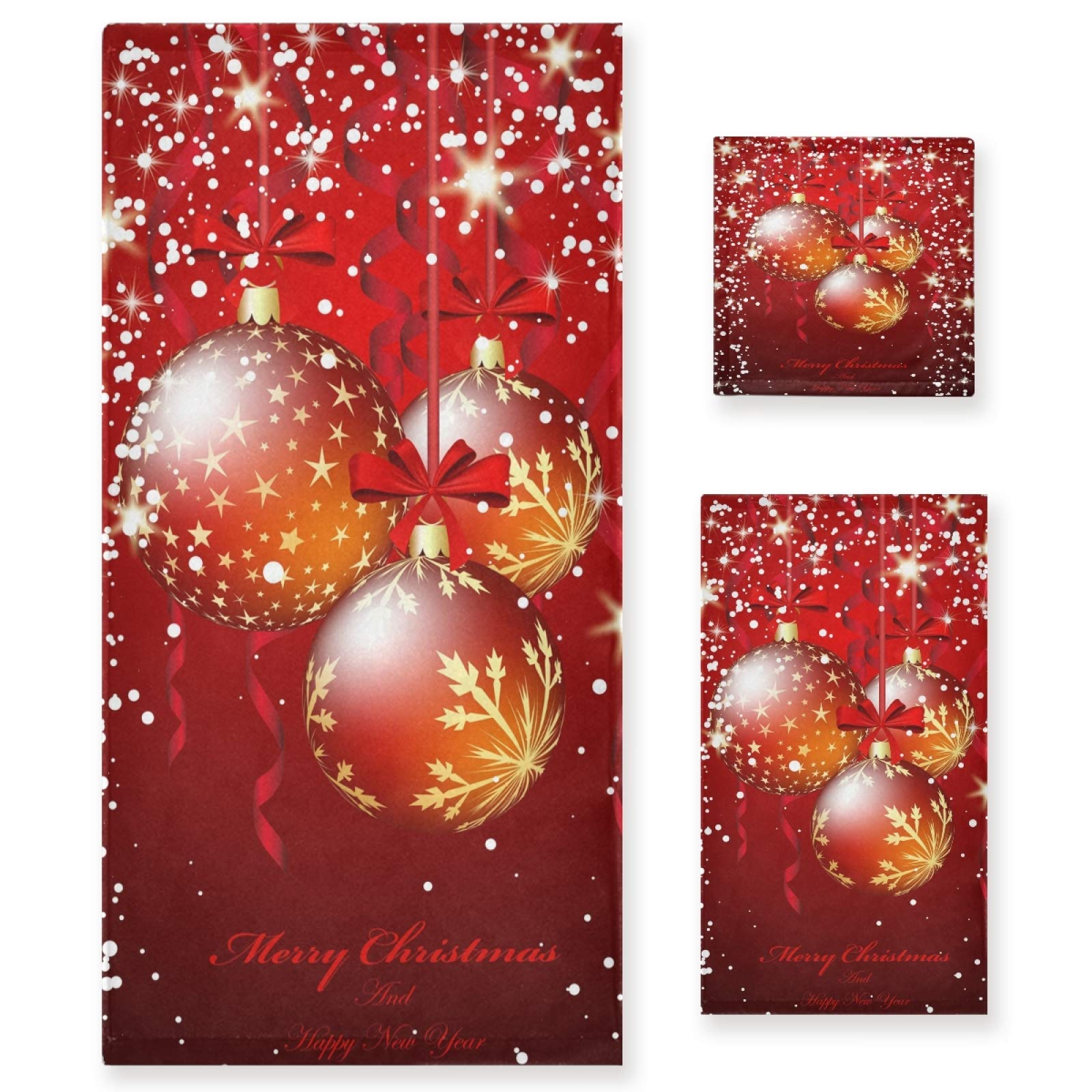 3-Piece Snowflakes Red Christmas Balls Towel Set - Soft & Durable Snow Star Hand & Bath Towels for Winter Holiday Decor | Perfect for Home, Bathroom, Hotel, Gym, Swim & Spa Use
