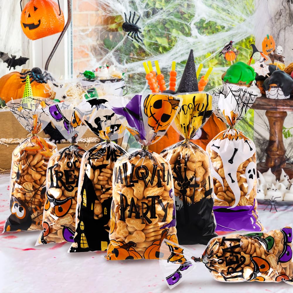 Vellibring 120 PCS Clear Halloween Treat Bags with 150 Twist Ties - Plastic Candy Bags for Trick or Treat, Party Favors, Snacks & Cookies Packing - Perfect for Halloween Parties, School Events & Gift Giving