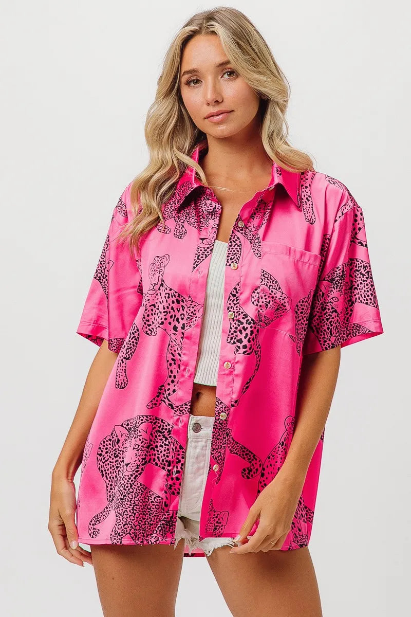 BiBi Leopard Print Short Sleeve Silky Satin Shirt Top for Women - Fashion Blouse for Casual Wear, Night Out & Office Outfits