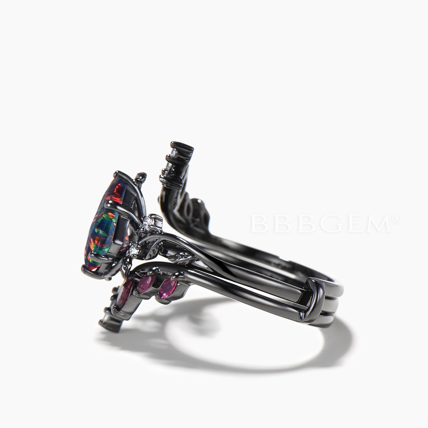 Twig Black Gold Bridal Set - Kite Cut Black Opal Leaf Engagement Ring with Ruby Band - Perfect for Weddings, Anniversaries & Romantic Gifts