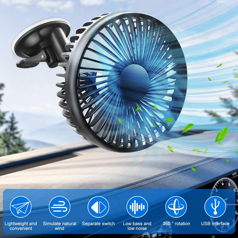 KTW1A3 USB Car Fan with Suction Cup - 12V/24V Portable Mini Fan, 360° Rotatable, 3 Speed Adjustable for Car Dashboard, Home, Office & Travel | Perfect for Cooling in Vehicles, Work Desks & Outdoor Activities