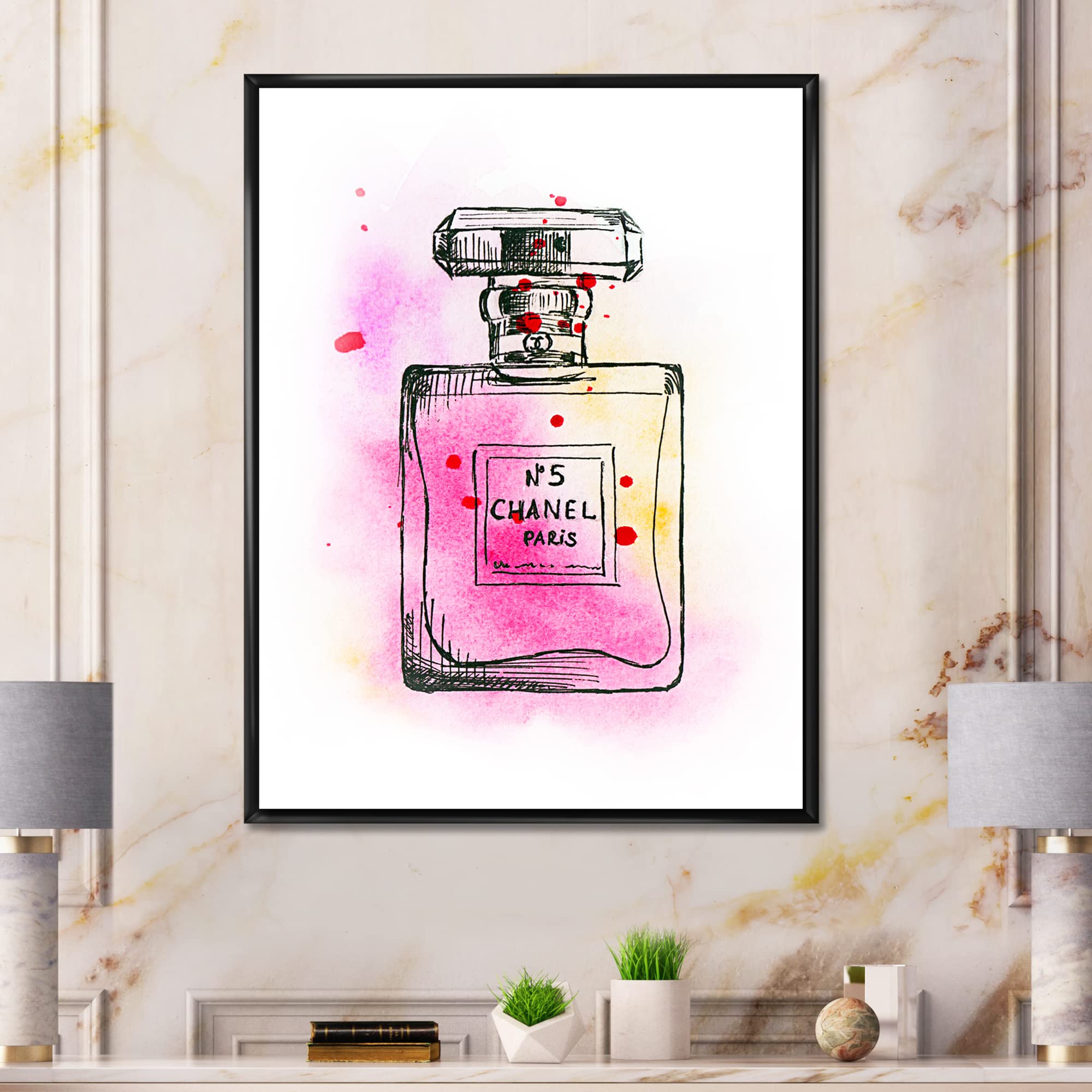 Chanel No. 5 Perfume Inspired French Country Framed Canvas Wall Art Print - Elegant Home Decor for Living Room, Bedroom & Office