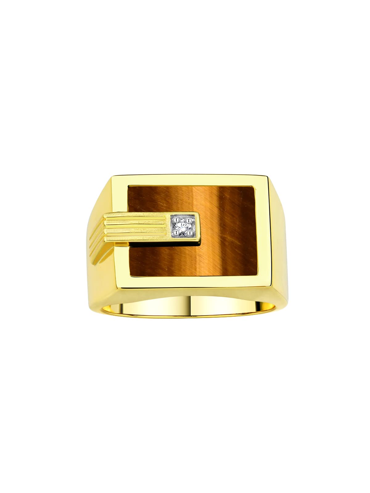 14K Yellow Gold Men's Ring with Diamond & Tiger Eye - Designer Wedding Band for Men - Sizes 8-13 - Perfect for Gifts, Anniversaries & Special Occasions