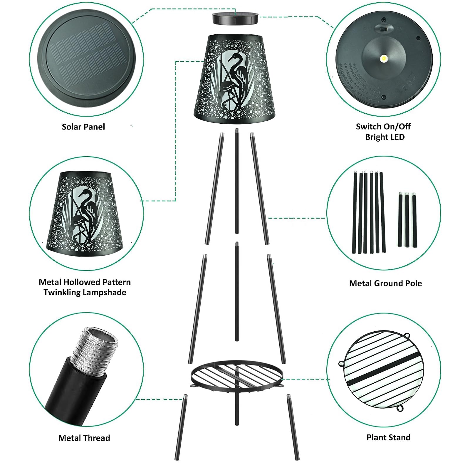 EYZH 2 Pack Solar Floor Lamp Lights with Metal Plant Stand - Outdoor LED Lantern for Yard, Porch, Deck & Backyard Decoration | Flamingo Design, Weatherproof & Solar Powered for Patio, Garden & Pathway Lighting