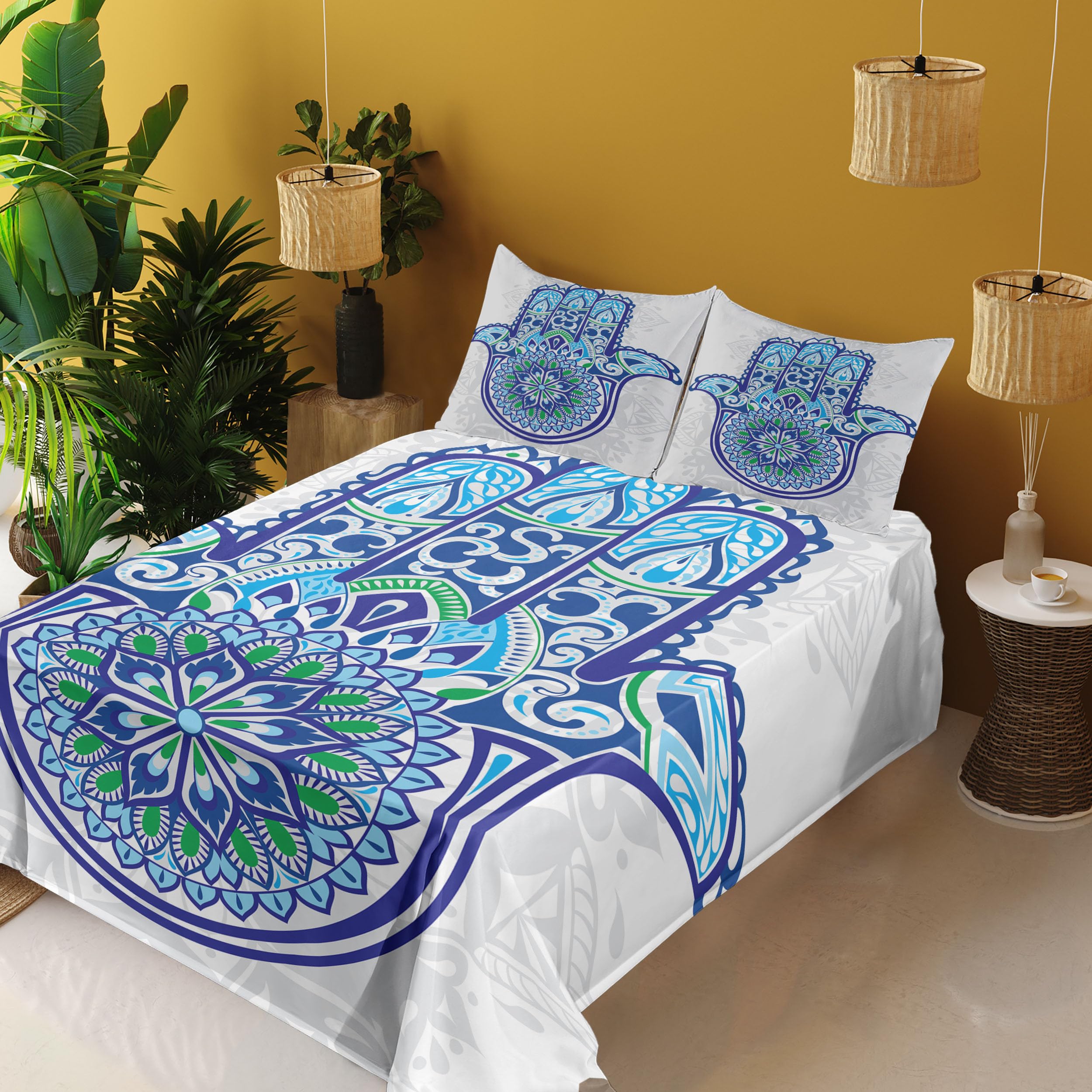 Ambesonne Hamsa King Size 4-Piece Sheet Set - Blue Turquoise White Folkloric Design with Ornamental Flower & Petal Patterns | Soft Bedding for Master Bedroom, Guest Room & Bohemian Home Decor