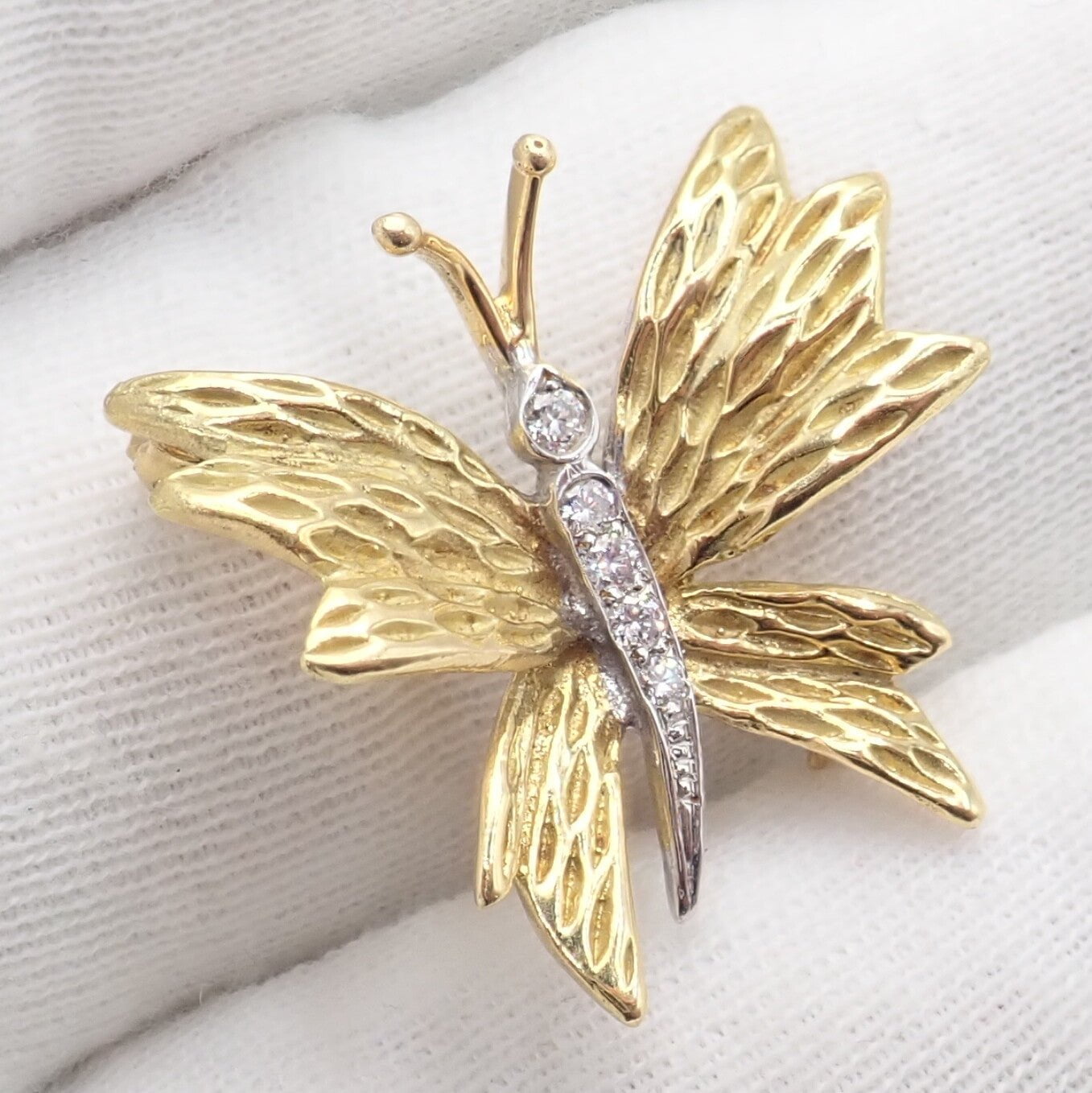 Authentic Tiffany & Co 18k Yellow Gold Platinum Butterfly Diamond Pin Brooch - Elegant Jewelry Gift for Women, Perfect for Weddings, Anniversaries & Special Occasions