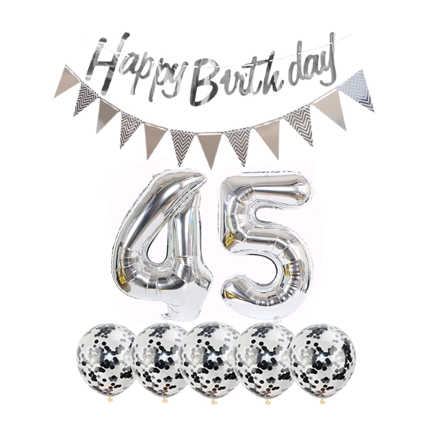 45th Birthday Party Decorations Set - 2 Number 45 Balloons, Happy Birthday Garland, Silver Foil Banner, 5 Confetti Balloons for Boys & Girls - Perfect for 45 Year Old Birthday Celebrations, Anniversaries & Milestone Parties