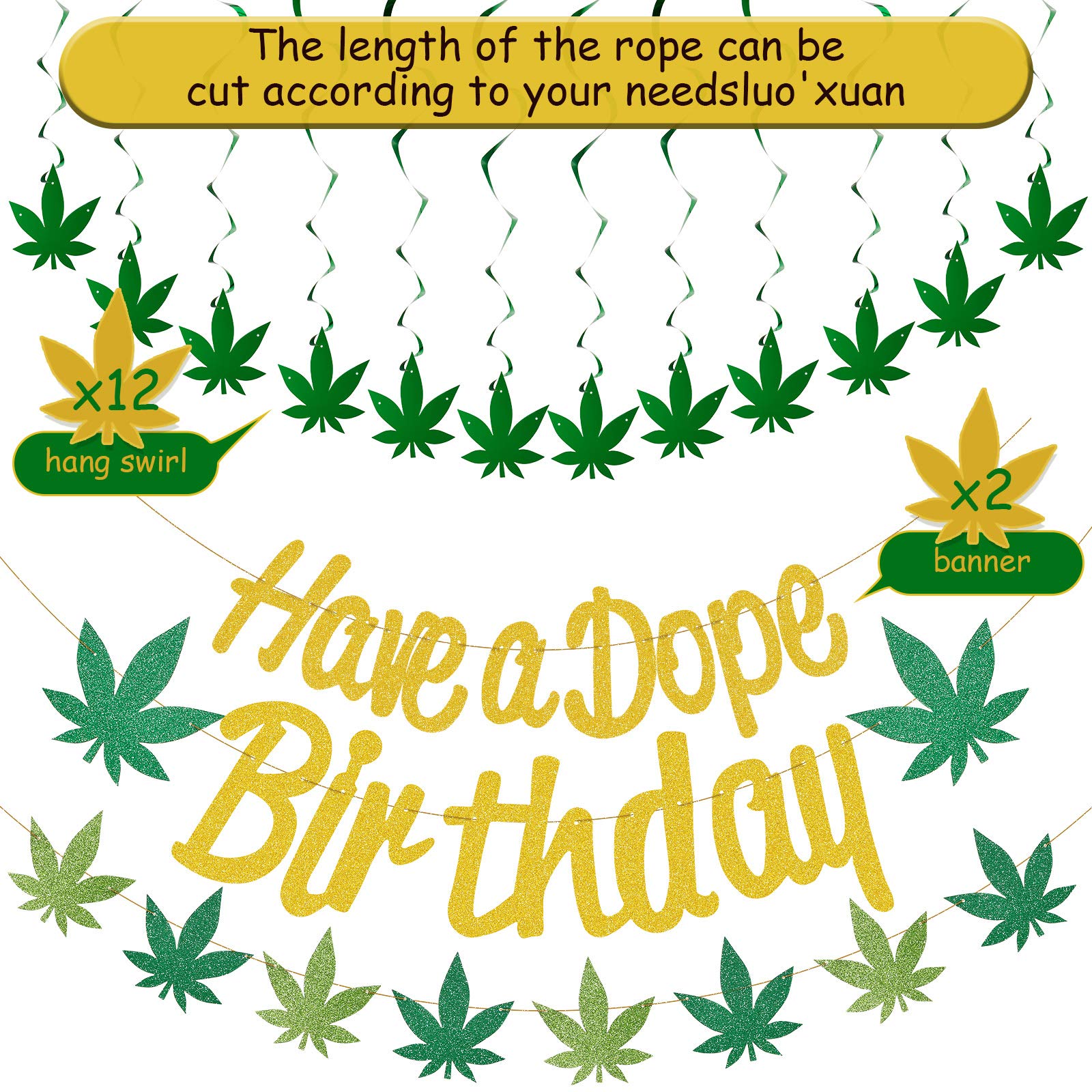 3-Piece Cannabis Leaf Birthday Banners, 13-Piece Weed Cake Toppers, 12-Piece Hanging Swirls & 24-Party Balloons - Complete Marijuana-Themed Party Decor Kit for Stoner Birthdays & 420 Celebrations