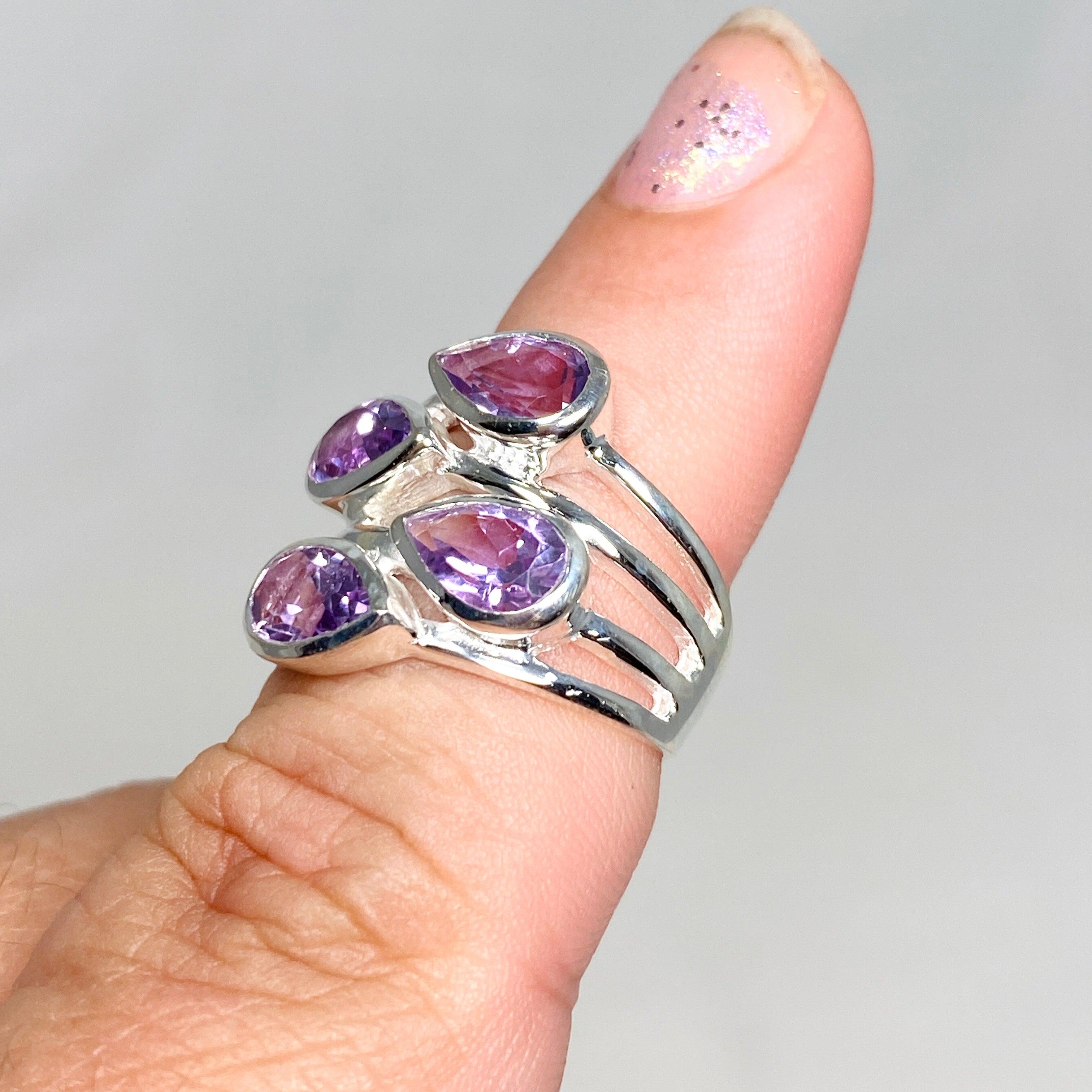Amethyst Multi-Stone Faceted Teardrop Ring R3815 - Elegant Purple Gemstone Jewelry for Women, Perfect for Weddings, Parties & Special Occasions